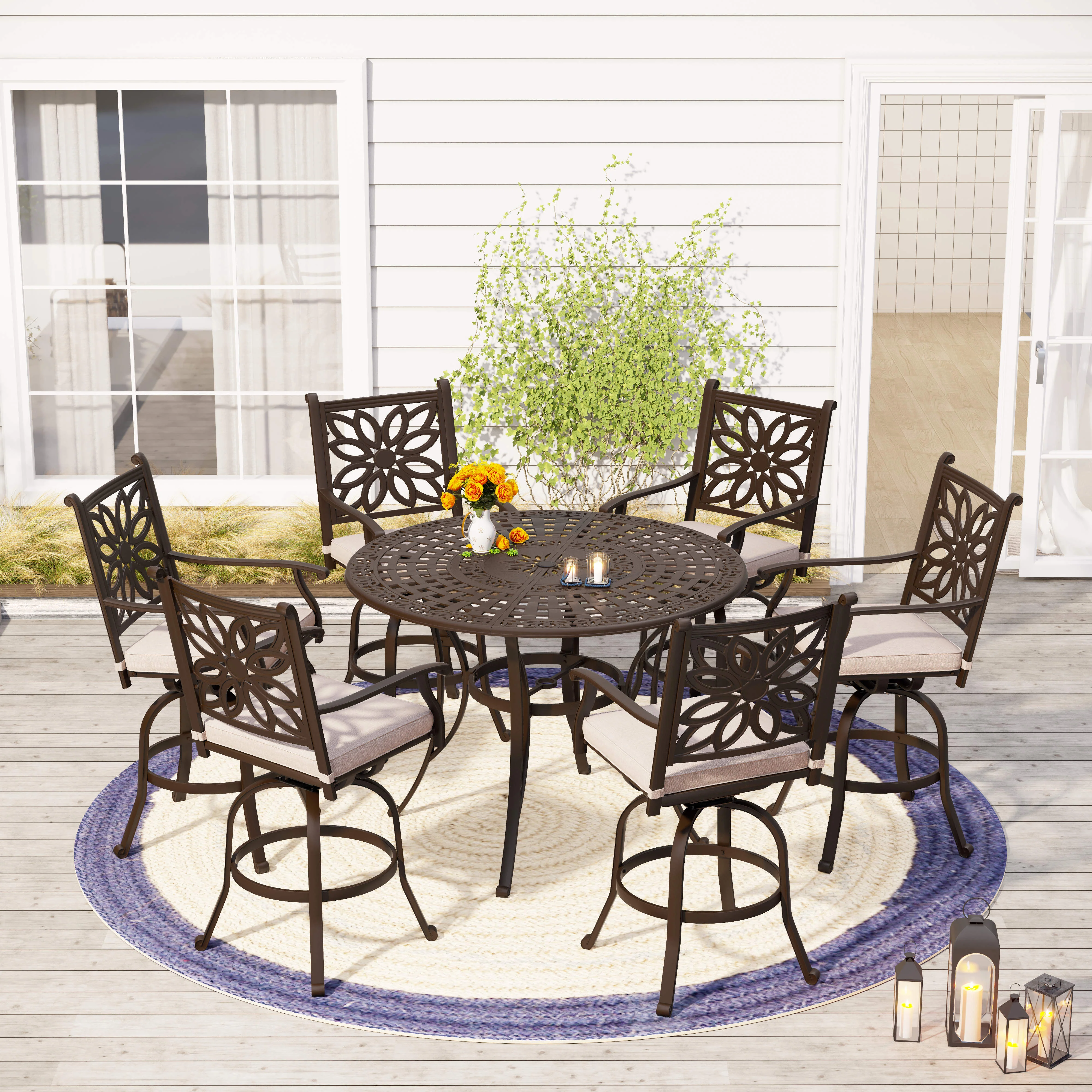 PHI VILLA 7-Piece Classic Cast aluminum Swivel Patio Bar Stool Sets