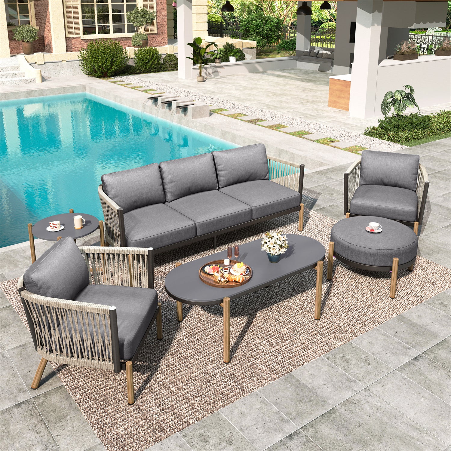 5 Seats Rope Weaving Patio Conversation Sofa Set with Coffee Table, End Table & Ottoman - Phi Villa