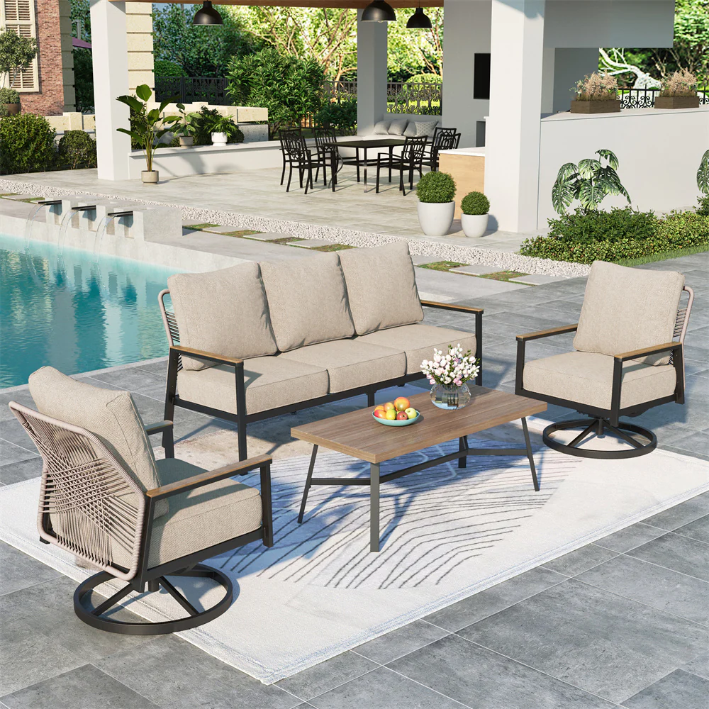 PHI VILLA 5-Seat Outdoor Patio Sofa Set With Iron-Woven Rattan Backrest and Coffee Table