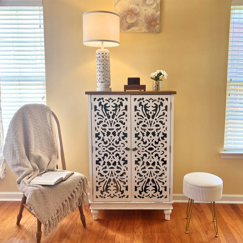 Tall Accent Storage Cabinet with Decorative Carved Design-MFSTUDIO