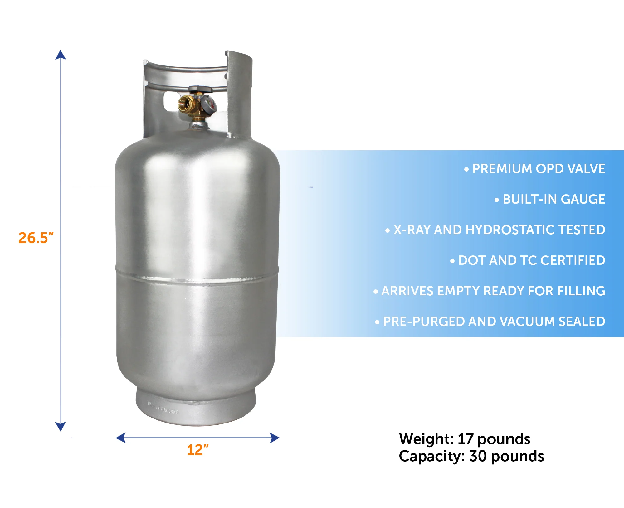 Flame King Lightweight 30lb Aluminum Propane Tank Cylinder Gauge and OPD Valve