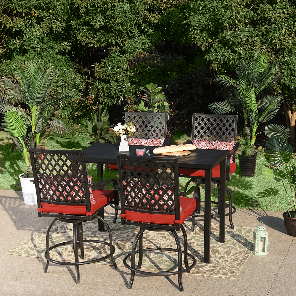 PHI VILLA 5-Piece Wood-look Stamped Table & High Swivel Bar Stools with Cushions