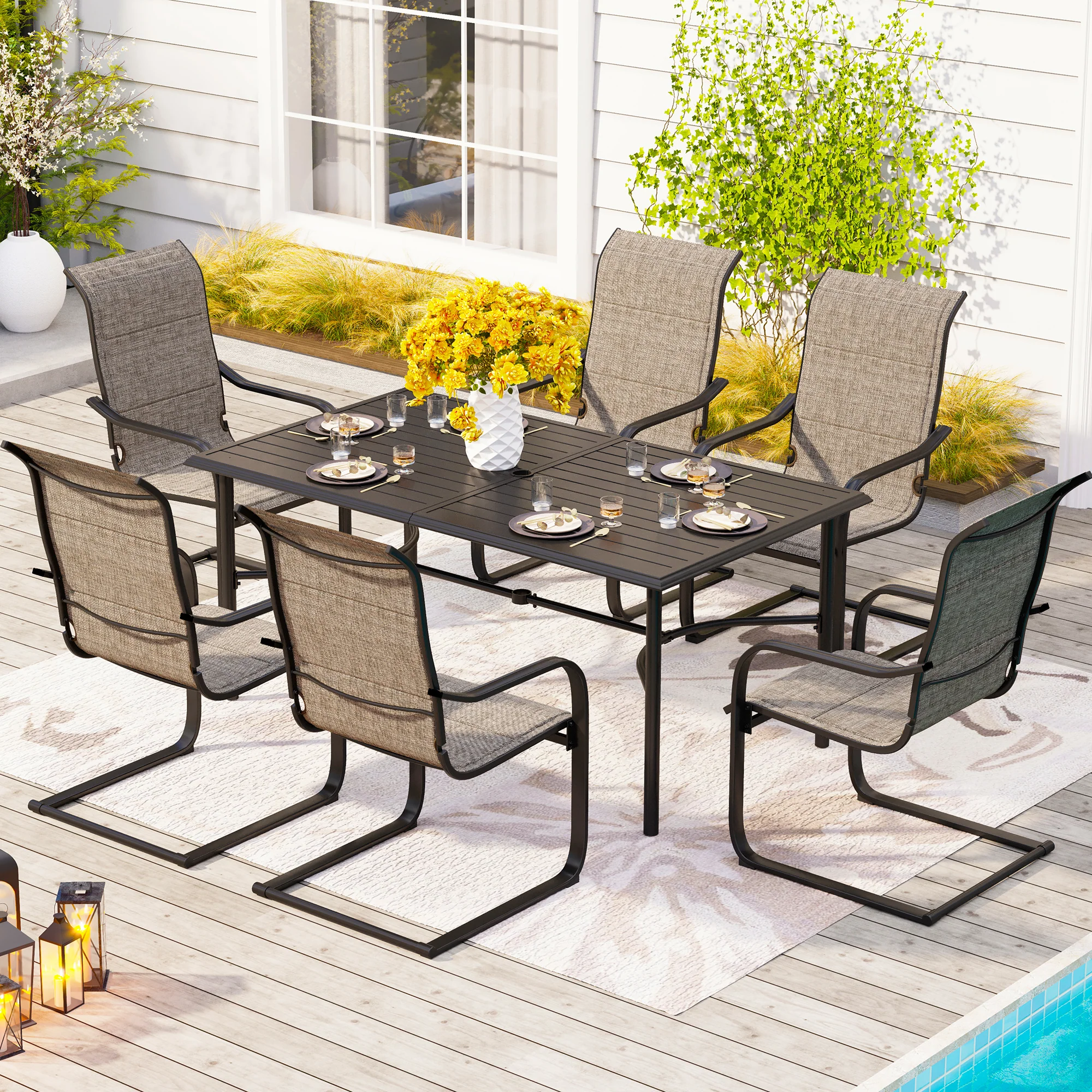 Sophia & William 7-Piece Patio Dining Set Bowed-bar Table & High-back Textilene C-spring Chairs