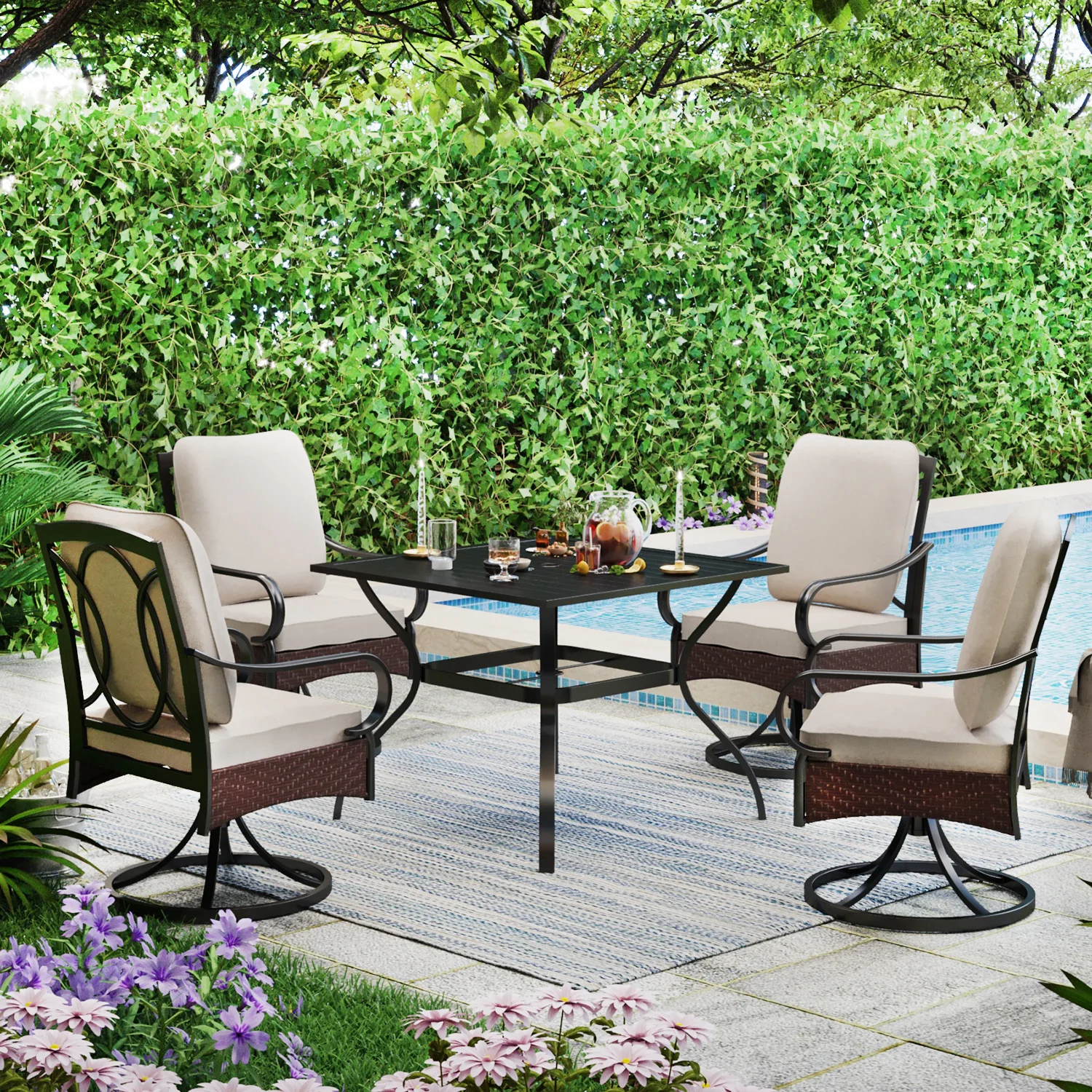 Sophia & William 5-Piece Steel Square Table & Thick Cushion Swivel Chairs Outdoor Patio Dining Set