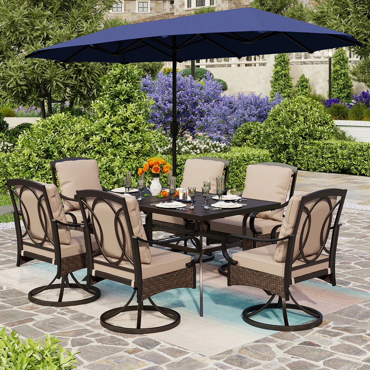 Sophia & William Luxurious Thick-Cushion Rattan-steel Swivel Chairs 7-Piece Patio Dining Set