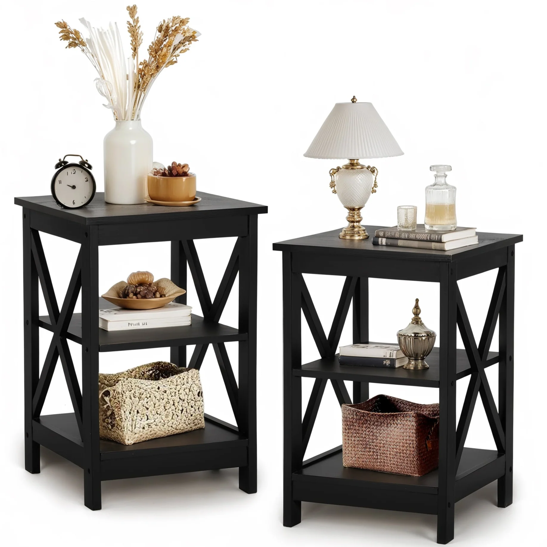 PHI VILLA Black End Table Side Table for Living Room, Set of 2