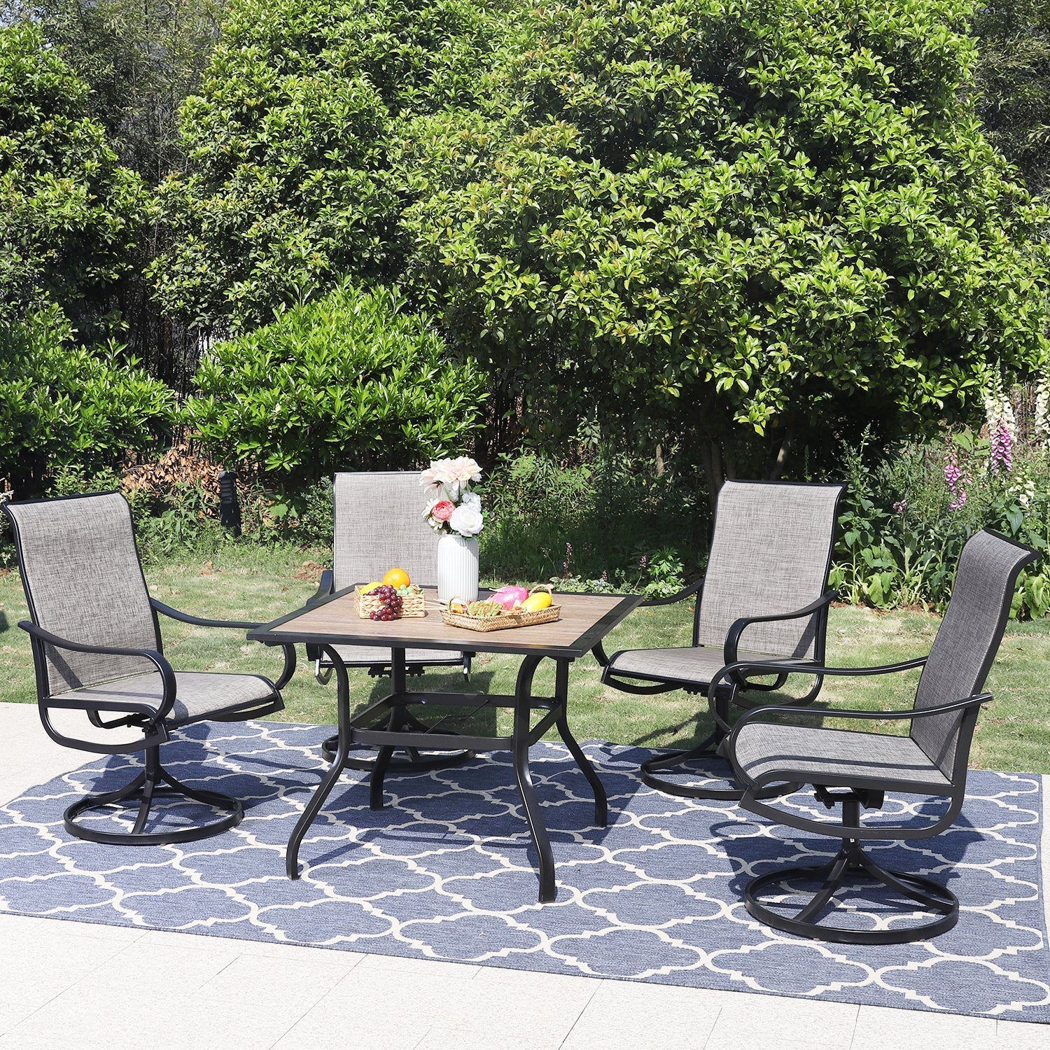 PHI VILLA 5-Piece Textilene Swivel Chairs Patio Dining Set