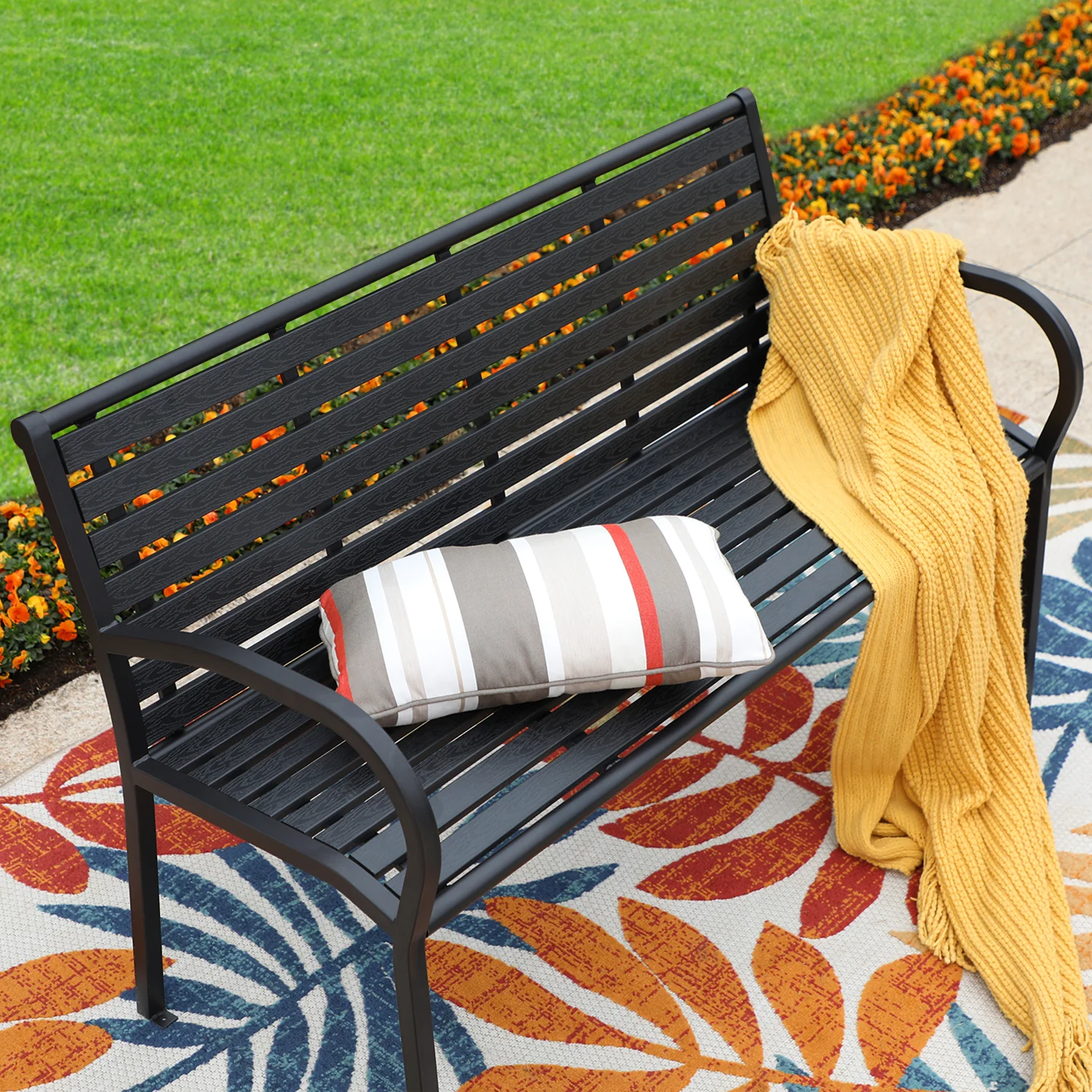 PHI VILLA Steel Wood-Plastic Outdoor Bench for Park, Garden, Backyard