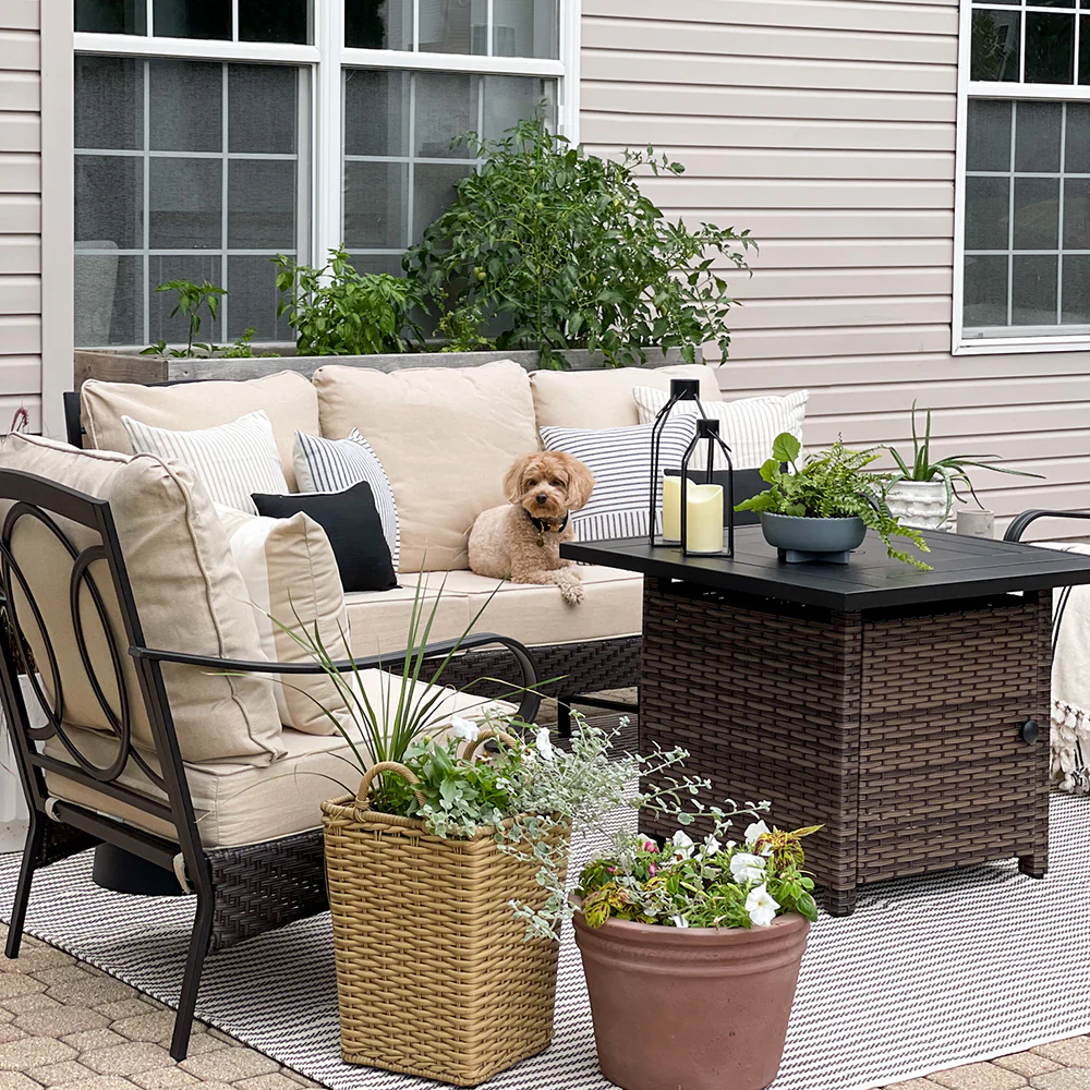 PHI VILLA 5-Seat Rattan-steel Luxury Padded Patio Conversation Set with Fire Pit Table