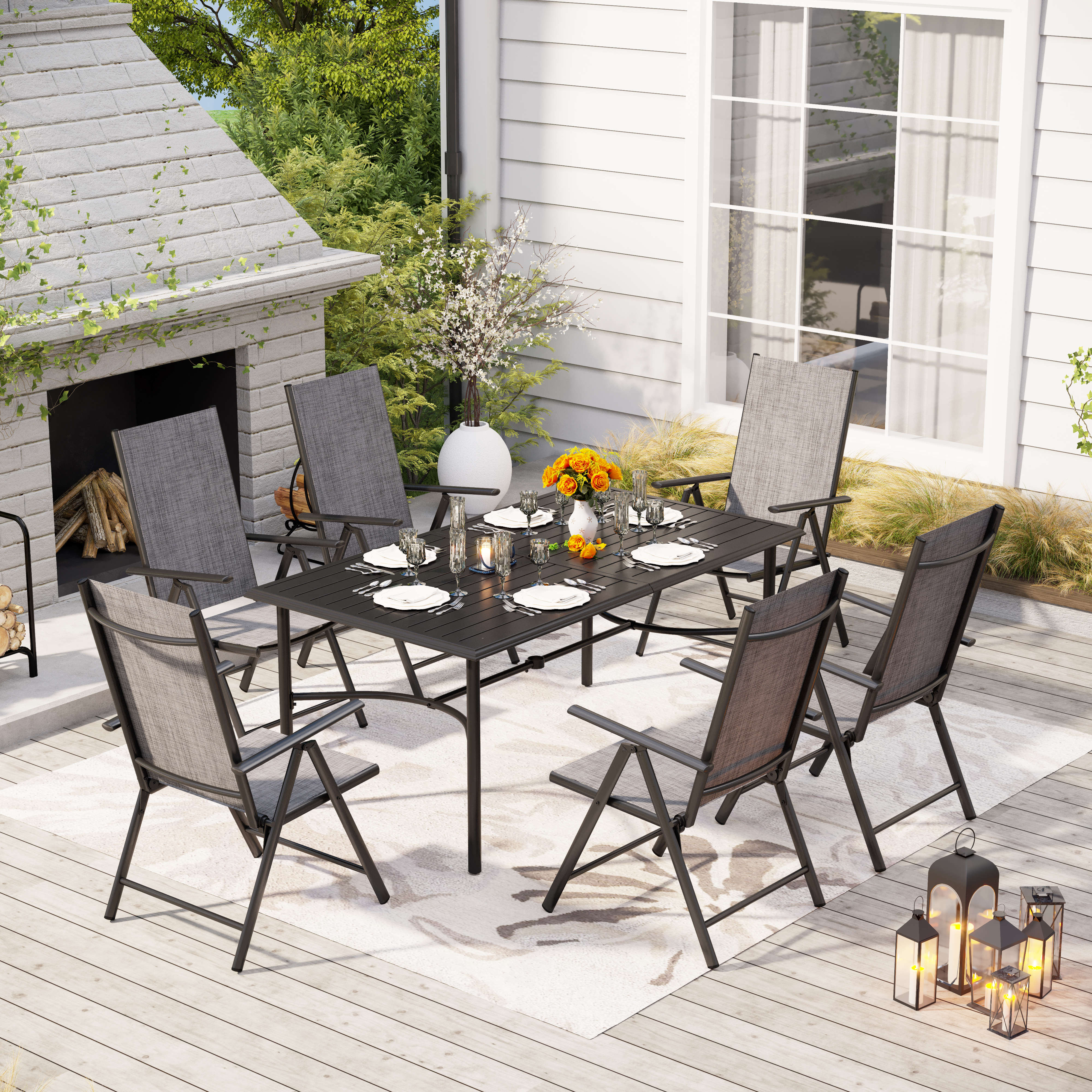 Sophia & William 7-Piece Patio Dining Set Bowed-bar Table & Textilene Foldable Chairs