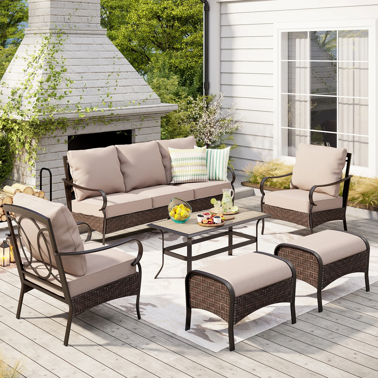 PHI VILLA 7-Seat Steel-Rattan Patio Conversation Sofa Set with Thick Cushions