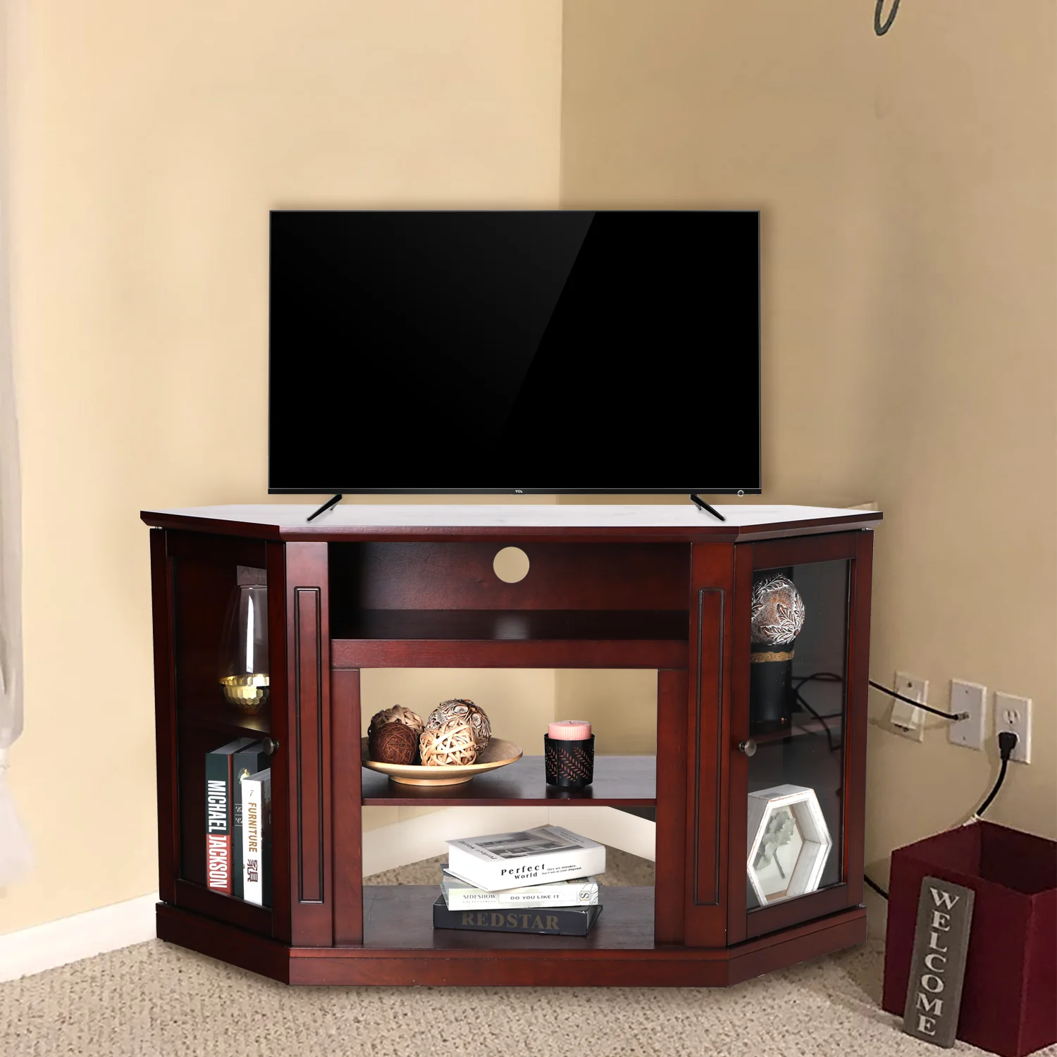 Sophia & William Classic Glass Door Wooden Fireplace Cabinet Corner TV Stand with Electric Fireplace