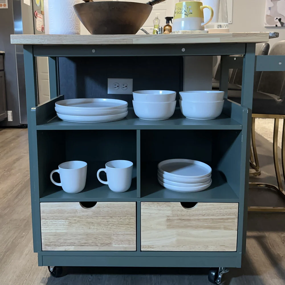 PHI VILLA Rubber Wood Tabletop Kitchen Island Cart with Drawers and Towel Rack, Green