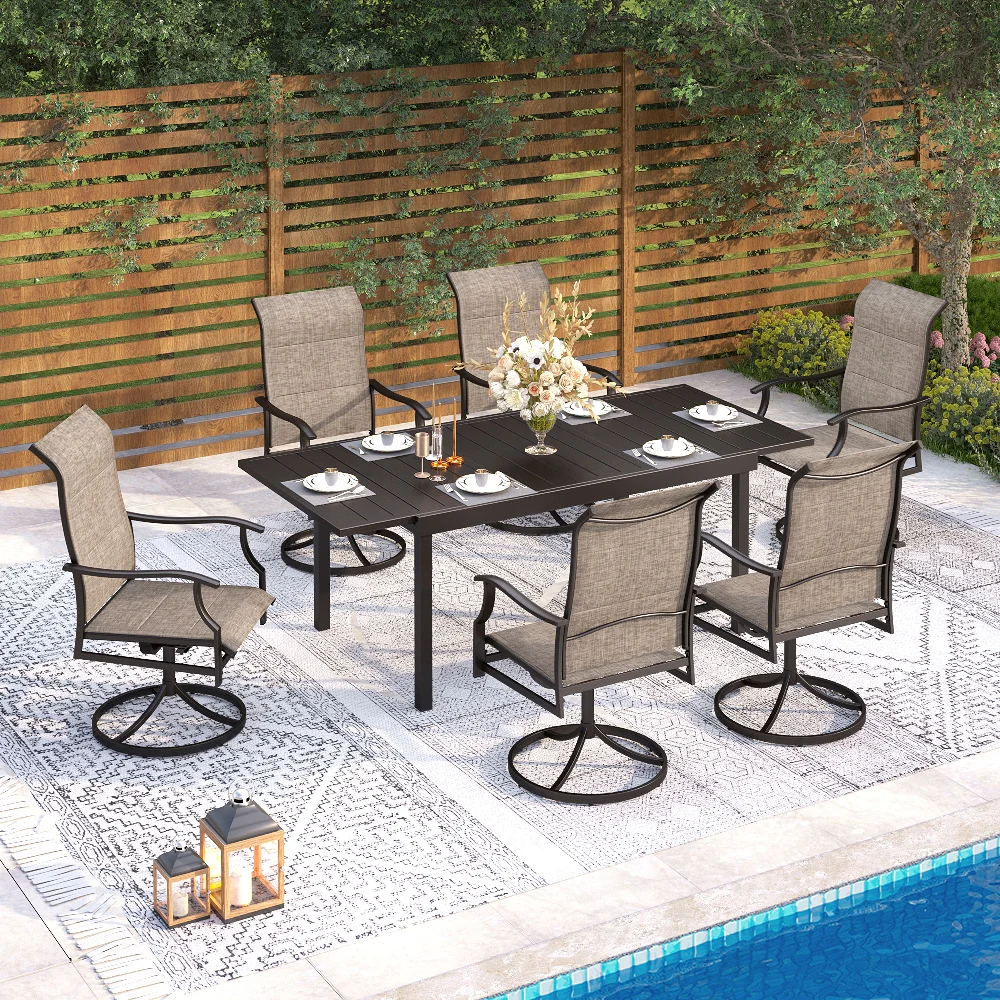 PHI VILLA 7/9-Piece Patio Textilene High Back Swivel Chairs and Adjustable Metal Table Dining Set