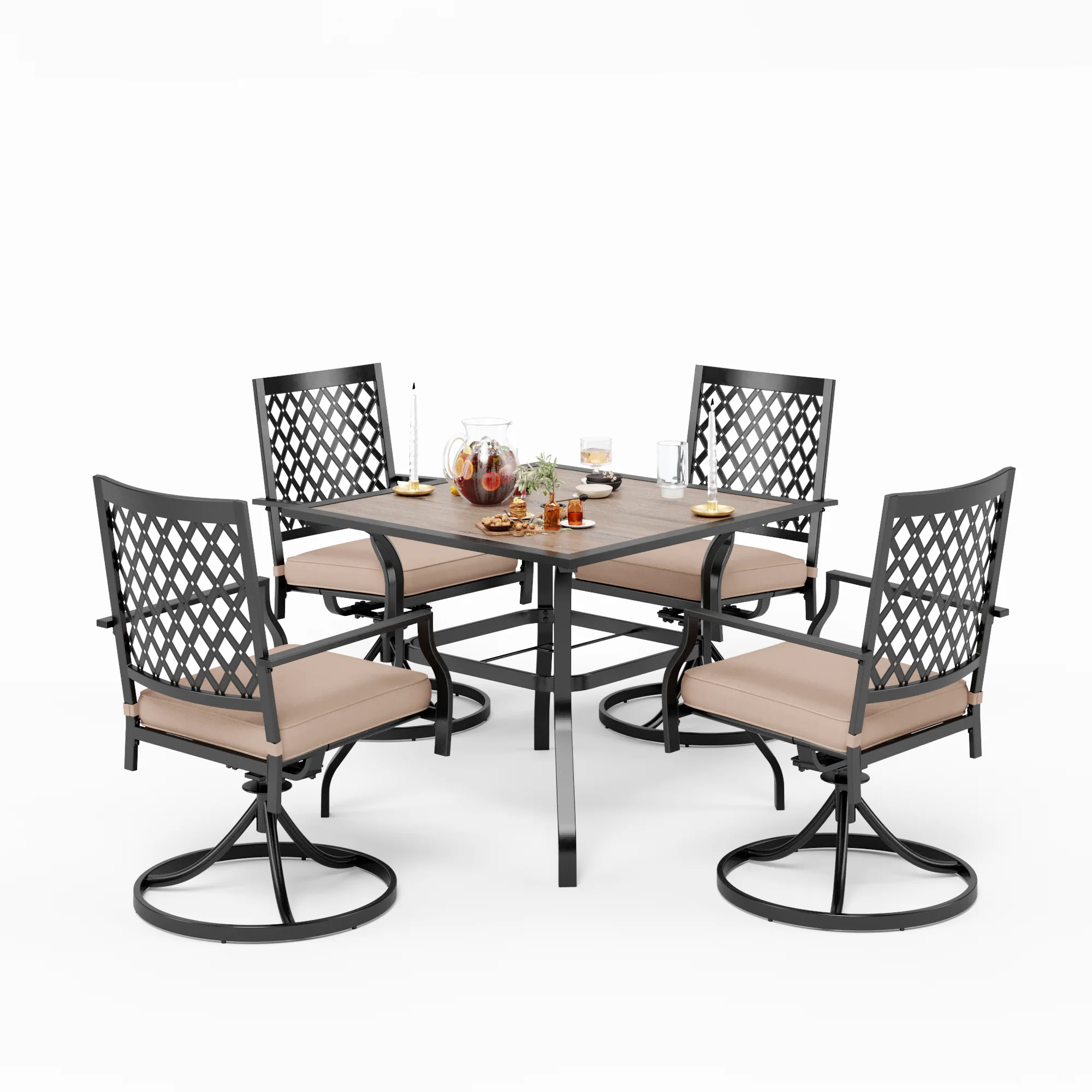 PHI VILLA Wood-look Table and 4 Pattern Swivel Chairs with Cushion 5-Piece Metal Outdoor Patio Dining Set