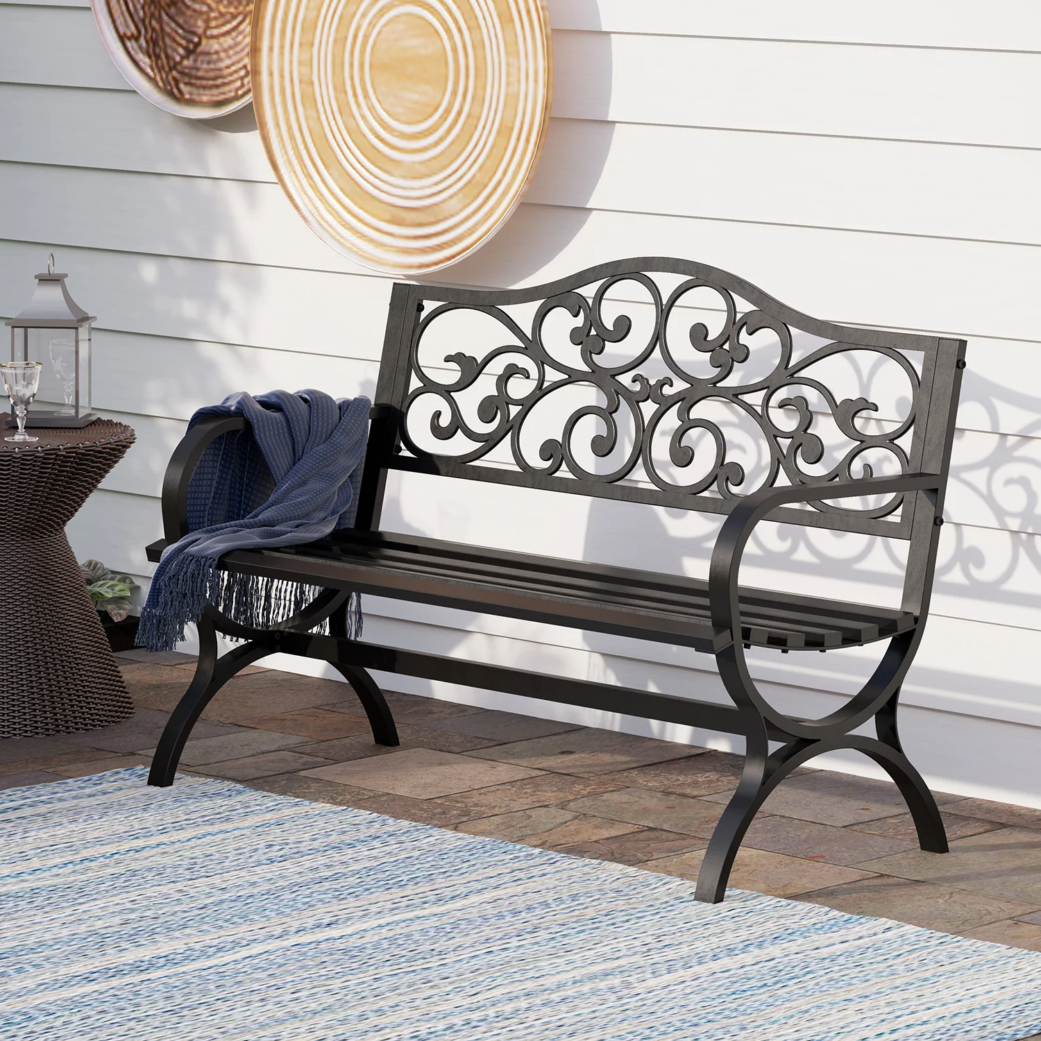 Sophia & William 50 Inch Cast Iron Steel Frame Flower Pattern Garden Bench