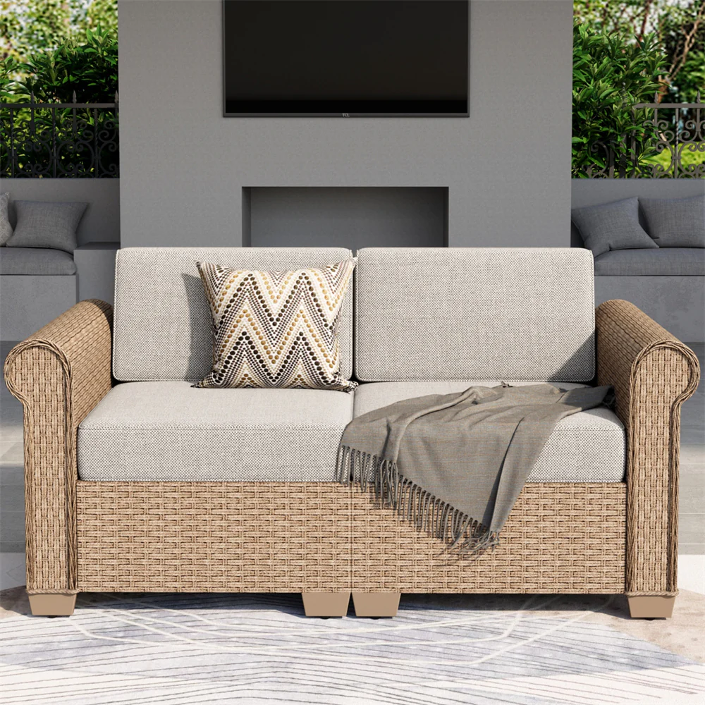Phi Villa Outdoor Rattan Loveseat Sofa Set with T-Shaped Sponge Cushion