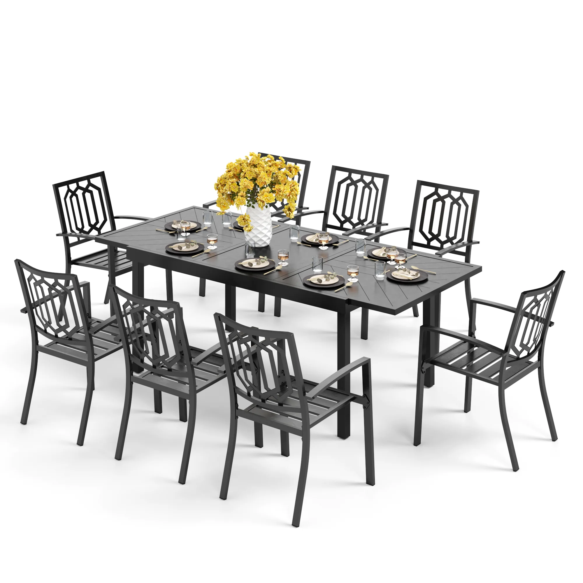 PHI VILLA 9-piece / 7-piece Patio Dining Sets Expandable Table and Classic Steel Chairs
