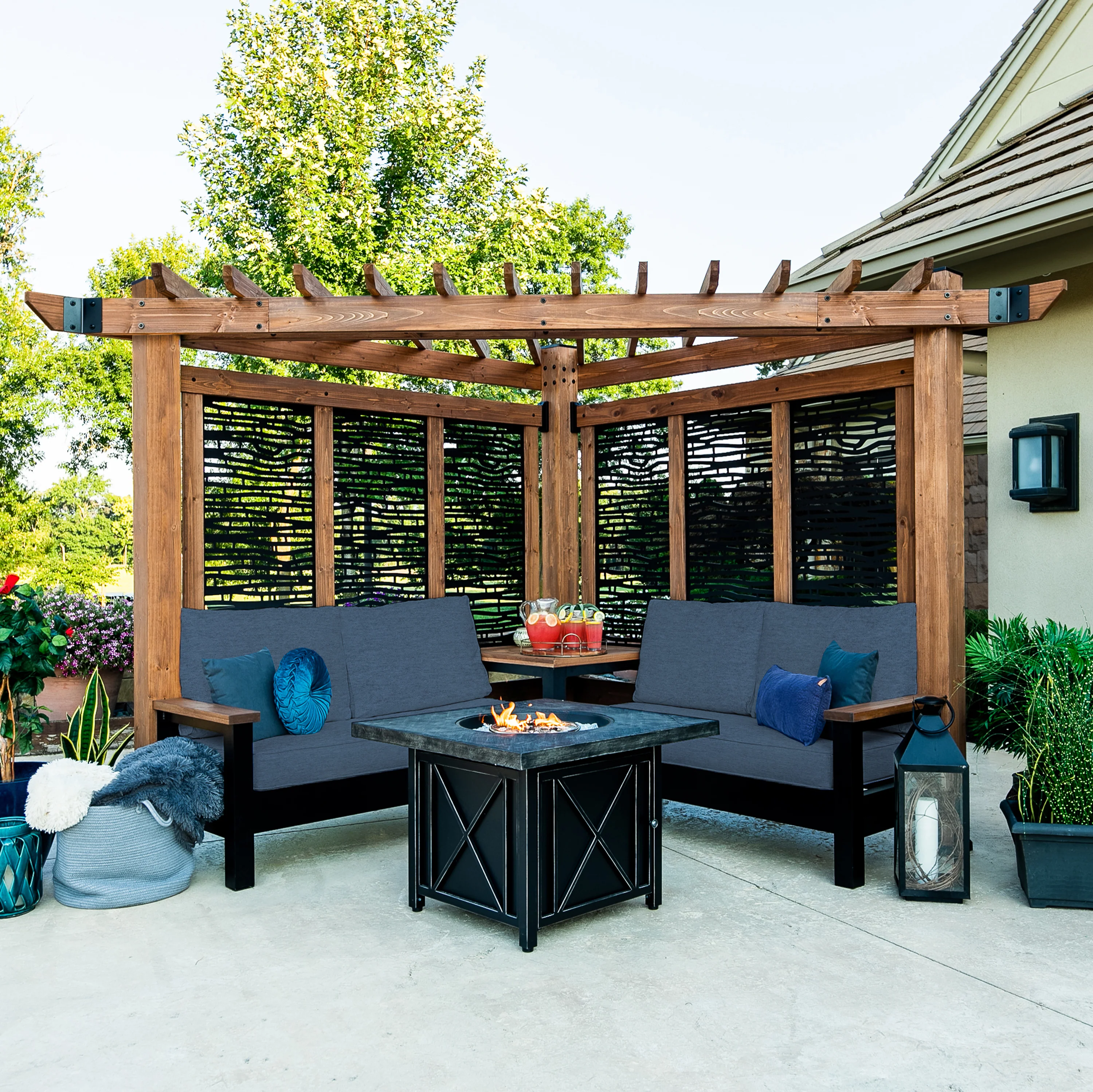 Tuscany Corner Pergola with Conversation Seating - Bamboo Panels