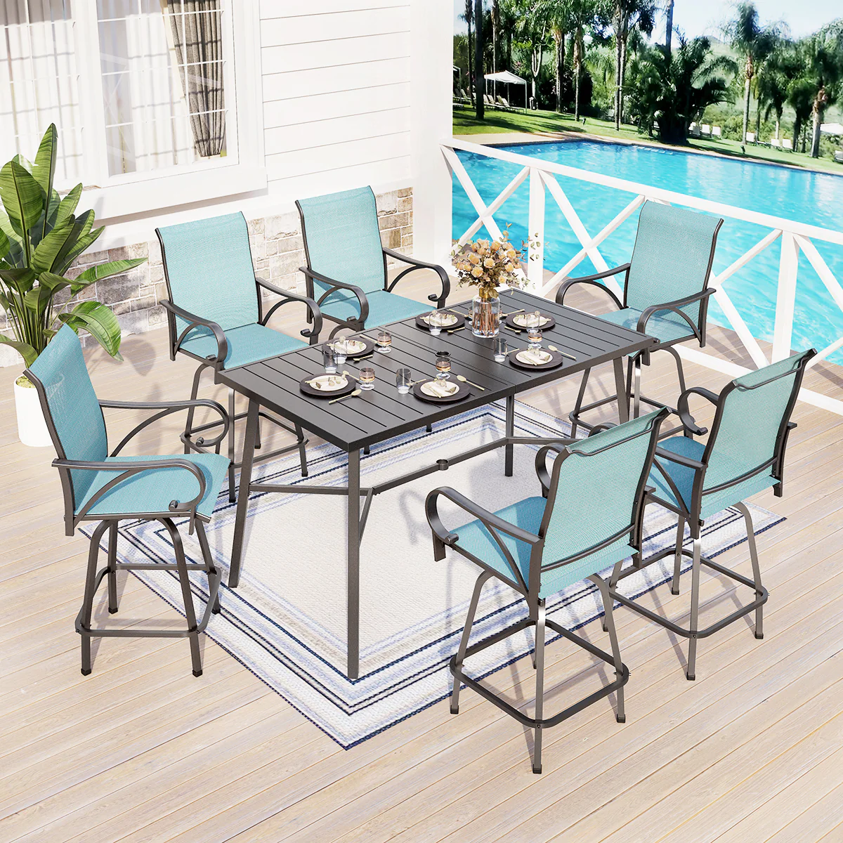MFSTUDIO 7-Piece Patio Bar Stool Set Aqua Textilene Swivel Stools