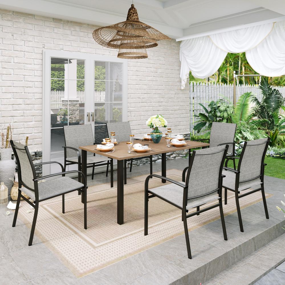 Sophia & William 7-Piece Farmhouse Style Wood Grain Table & Textilene Fixed Chair Patio Dining Set