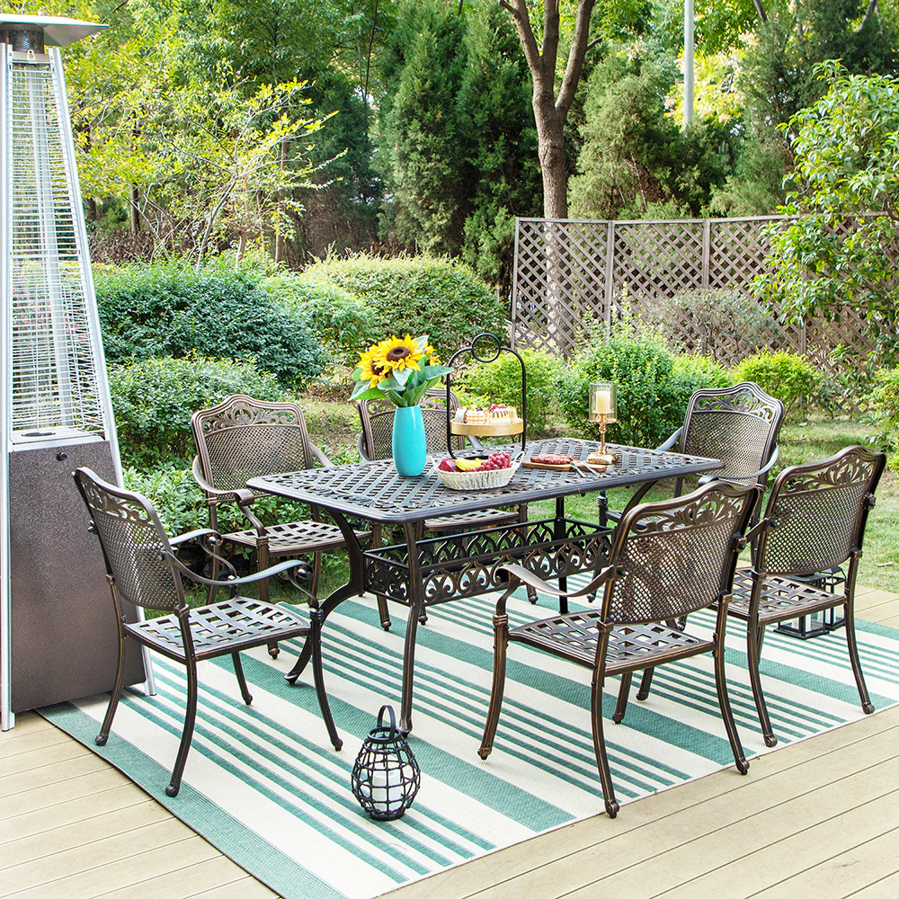 PHI VILLA 7-Piece Cast Aluminum Pattern Patio Dining Set with Bronze Coating