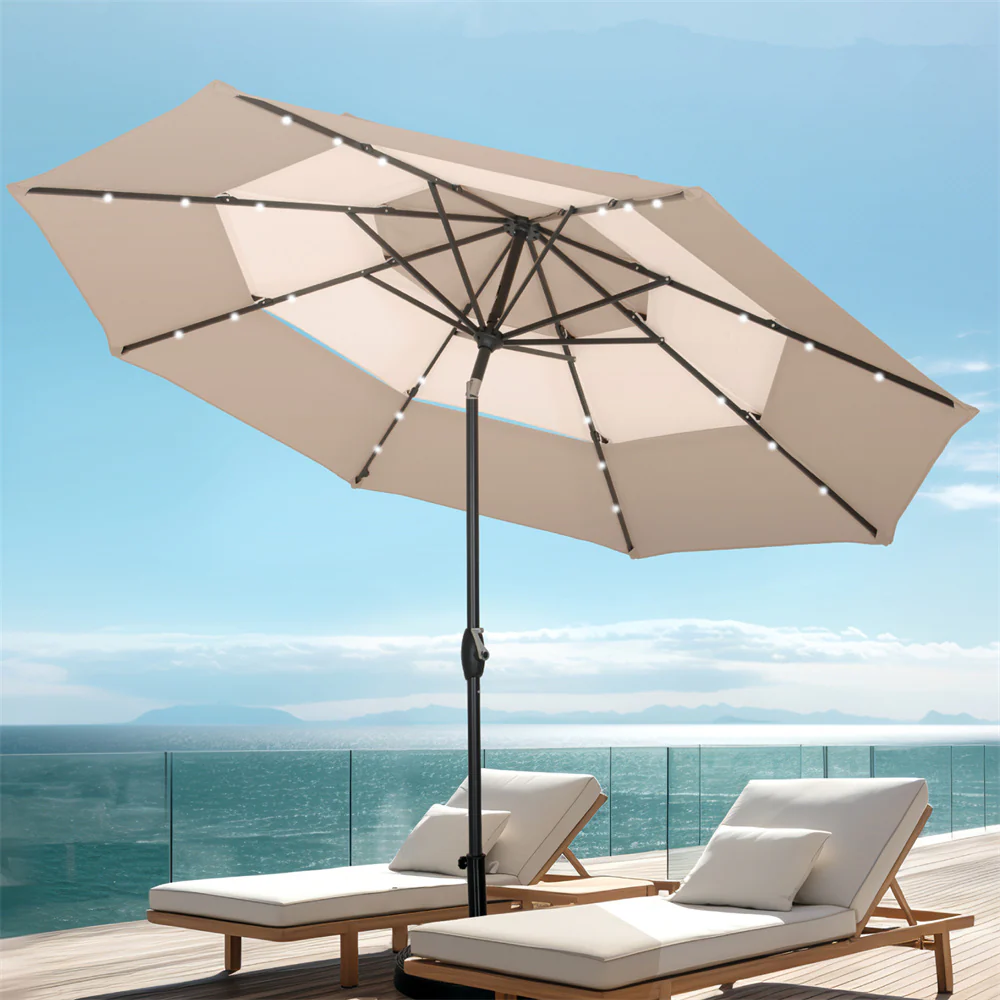 PHI VILLA 10ft 3 Tier Auto-tilt Patio Umbrella with Solar Powered LED Lights