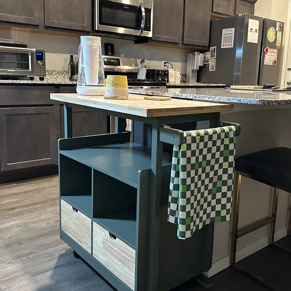 PHI VILLA Rubber Wood Tabletop Kitchen Island Cart with Drawers and Towel Rack, Green