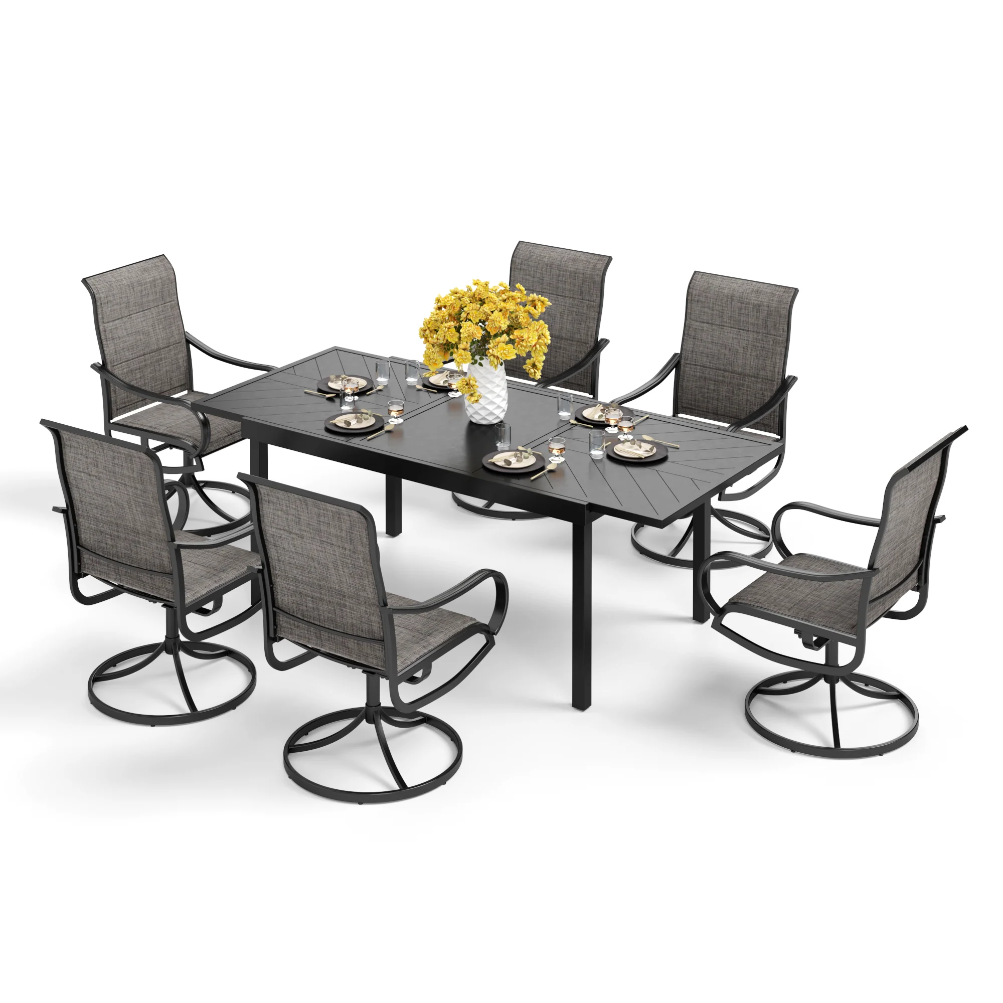 PHI VILLA 9/7-Piece Patio Dining Sets Extendable Table with Engraved Line &  Textilene Patio Swivel Chairs