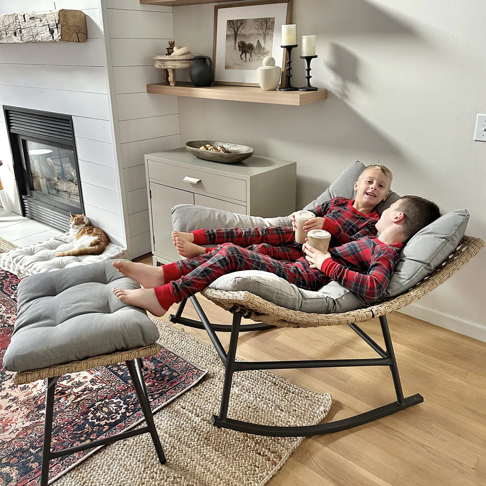 Phi Villa Outdoor Rattan Papasan Sofa Lounge Chair with Thick Cushions