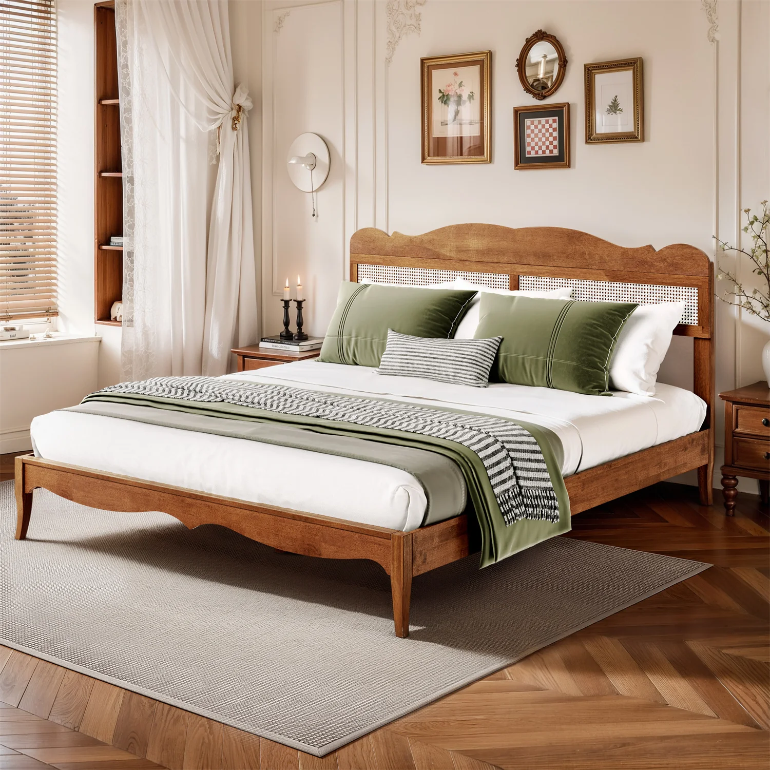 Classic Wooden Bed Frame with Rattan Headboard - Sophia & William
