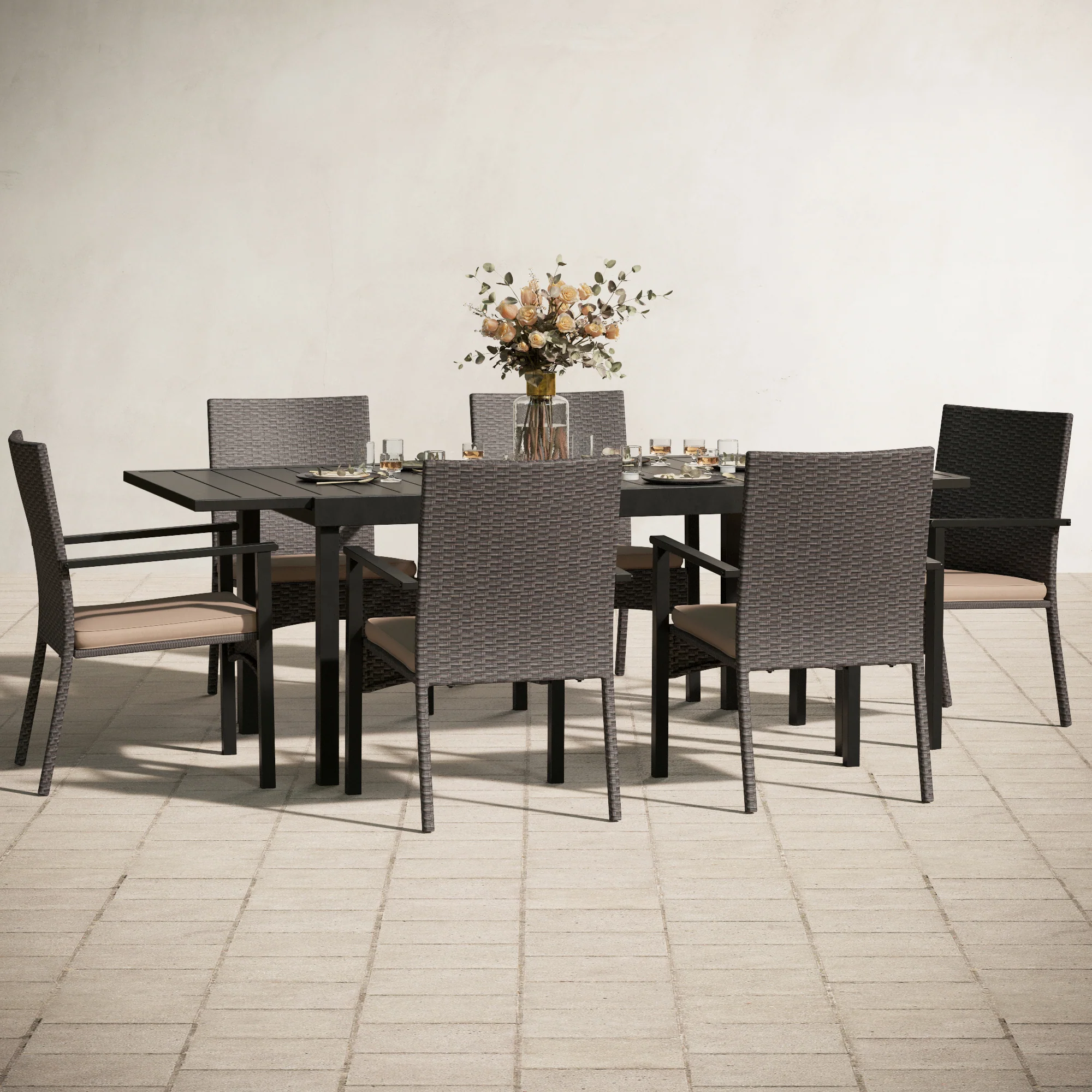 MFSTUDIO Extendable Table & Rattan Cushion Dining Chairs Outdoor Patio Dining Set