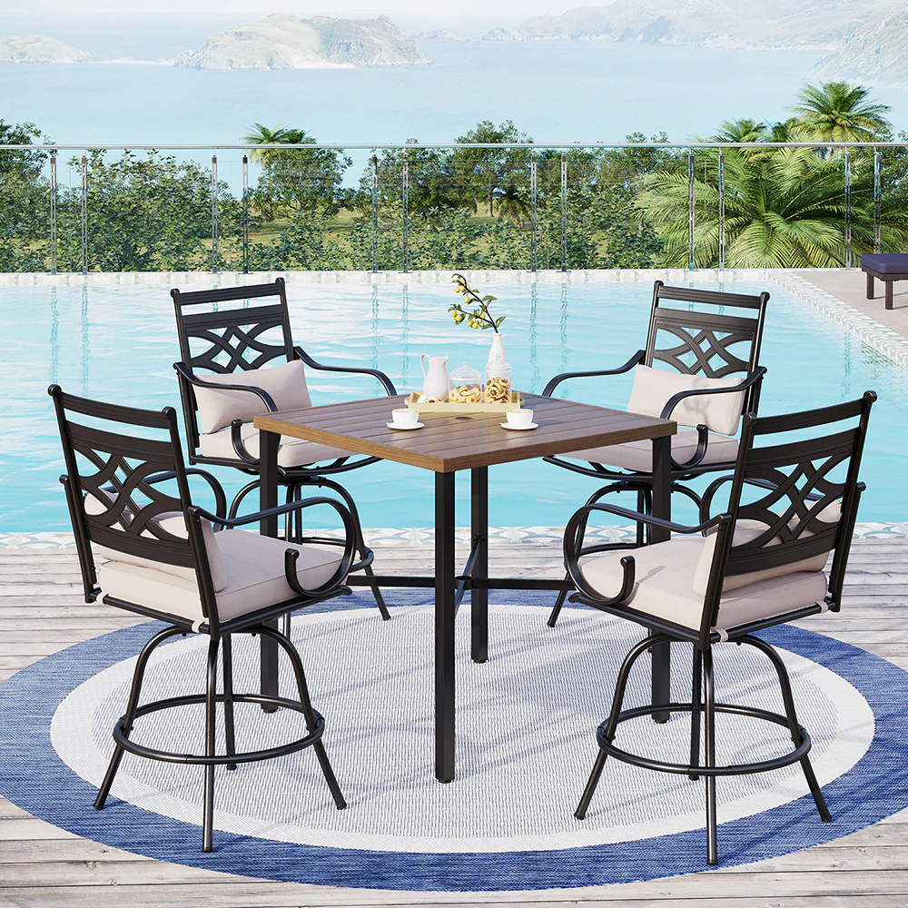 PHI VILLA 5-Piece Patio Bar Stool Set Teak-grain High Table & Steel Bar Stools with Cast-iron Back