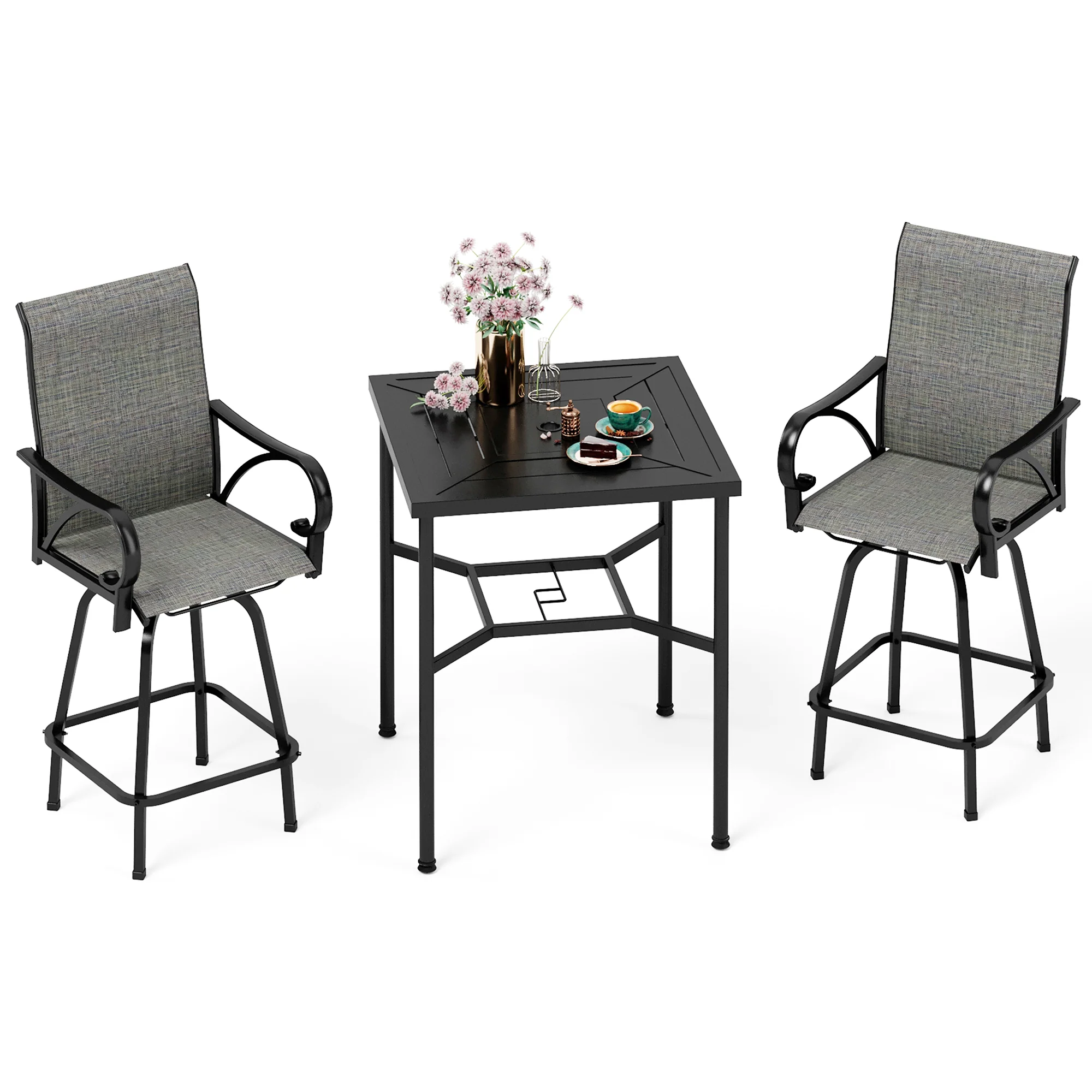 Sophia & William Patio High Bar Stool Set Geometrically Stamped Table & Grey Textilene Sling Fabric Swivel Bar Stools