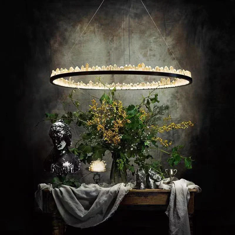 Brass & Black Modern Chandelier Featuring Natural Quartz Rings