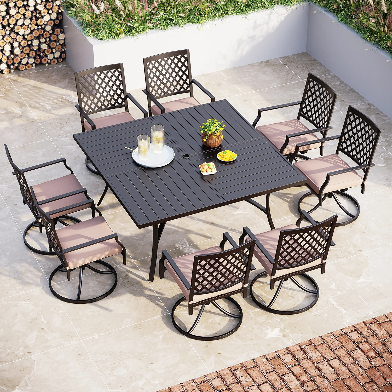 PHI VILLA 9-Piece Extra-large Square Table & Pattern Swivel Chairs Patio Dining Set