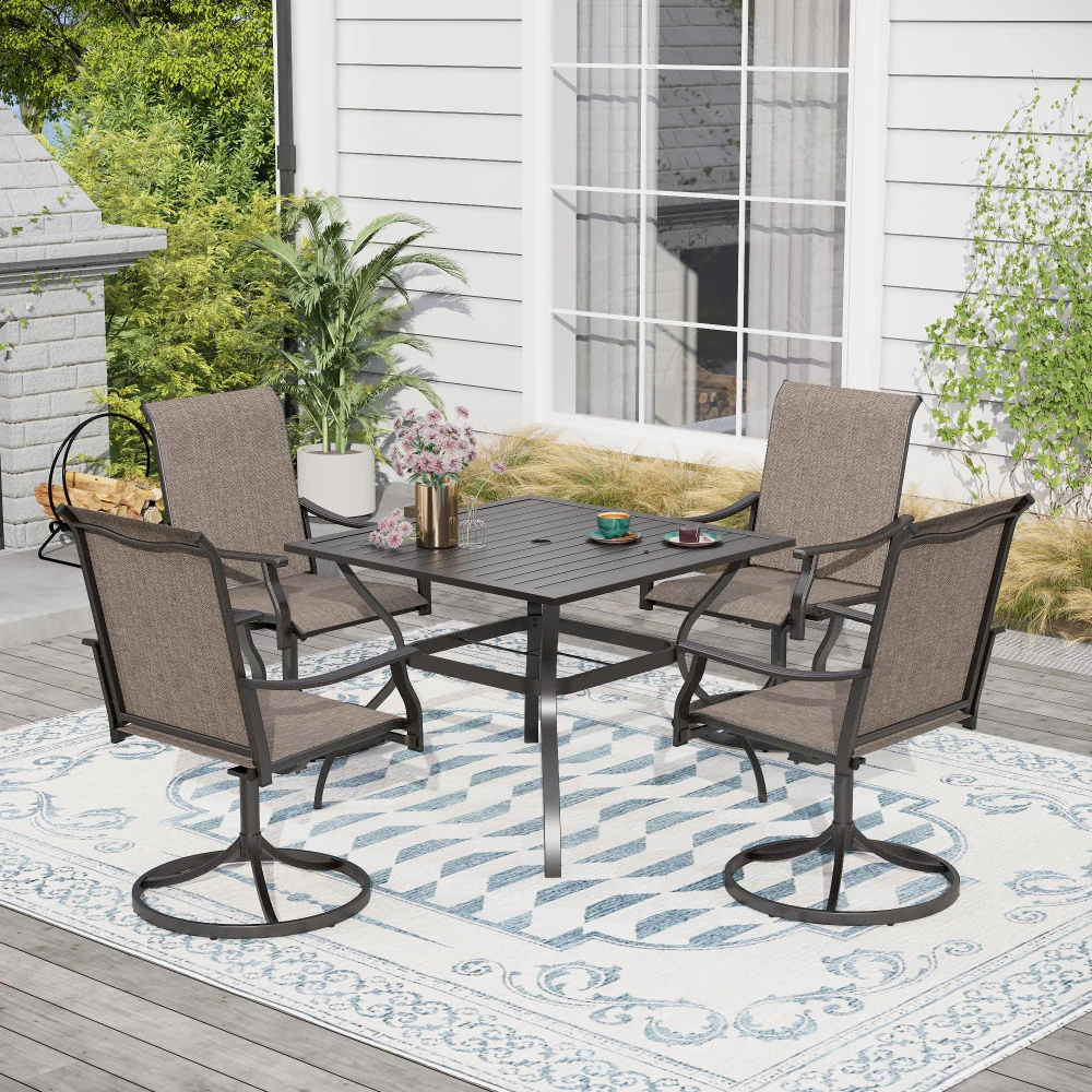 Phi Villa 5-Piece Steel Square Table & Ergo Sling Swivel Chairs Outdoor Patio Dining Set