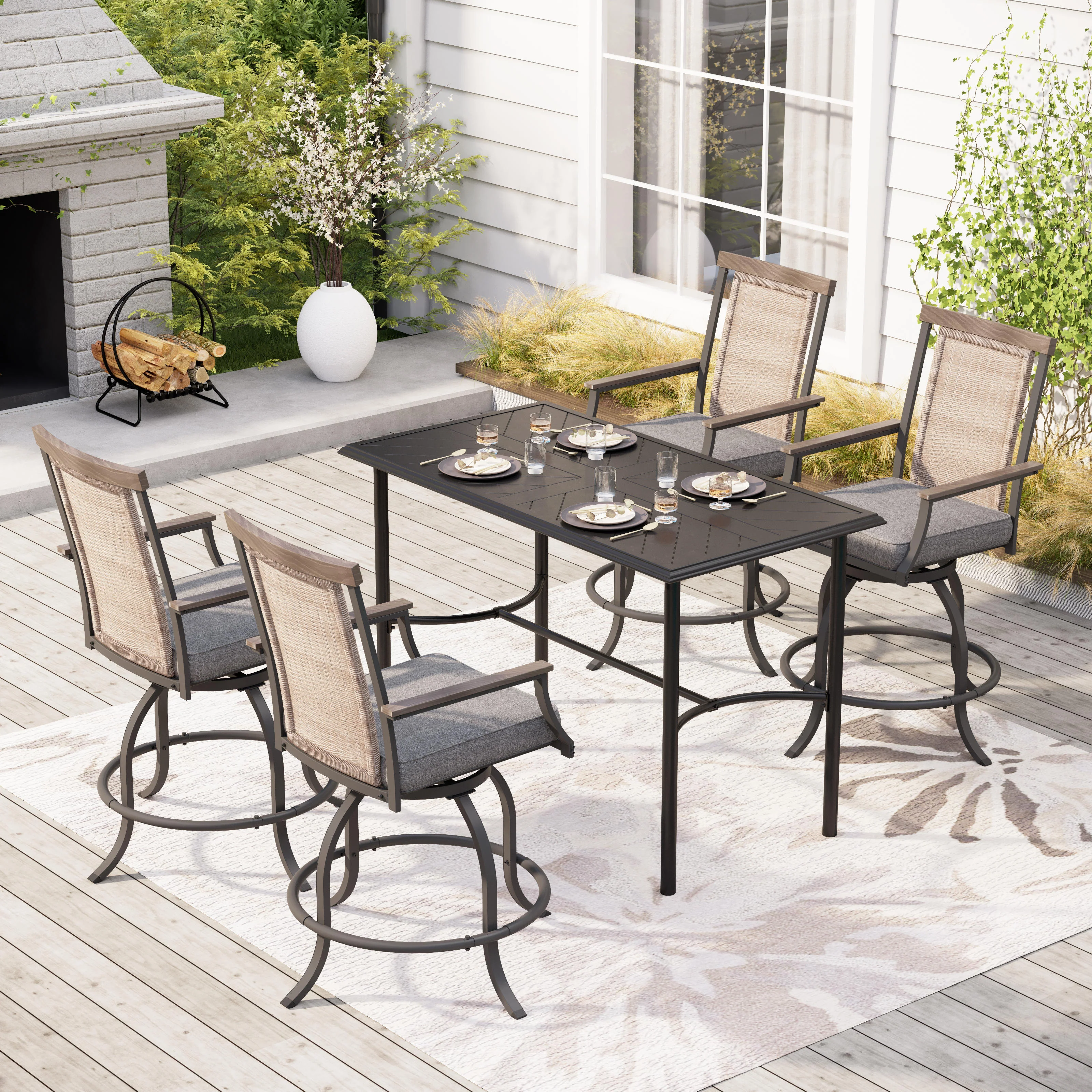 PHI VILLA 5-Piece Patio Bar Stool Set Embossed Table & Rattan-Backrest Swivel Bar Stools