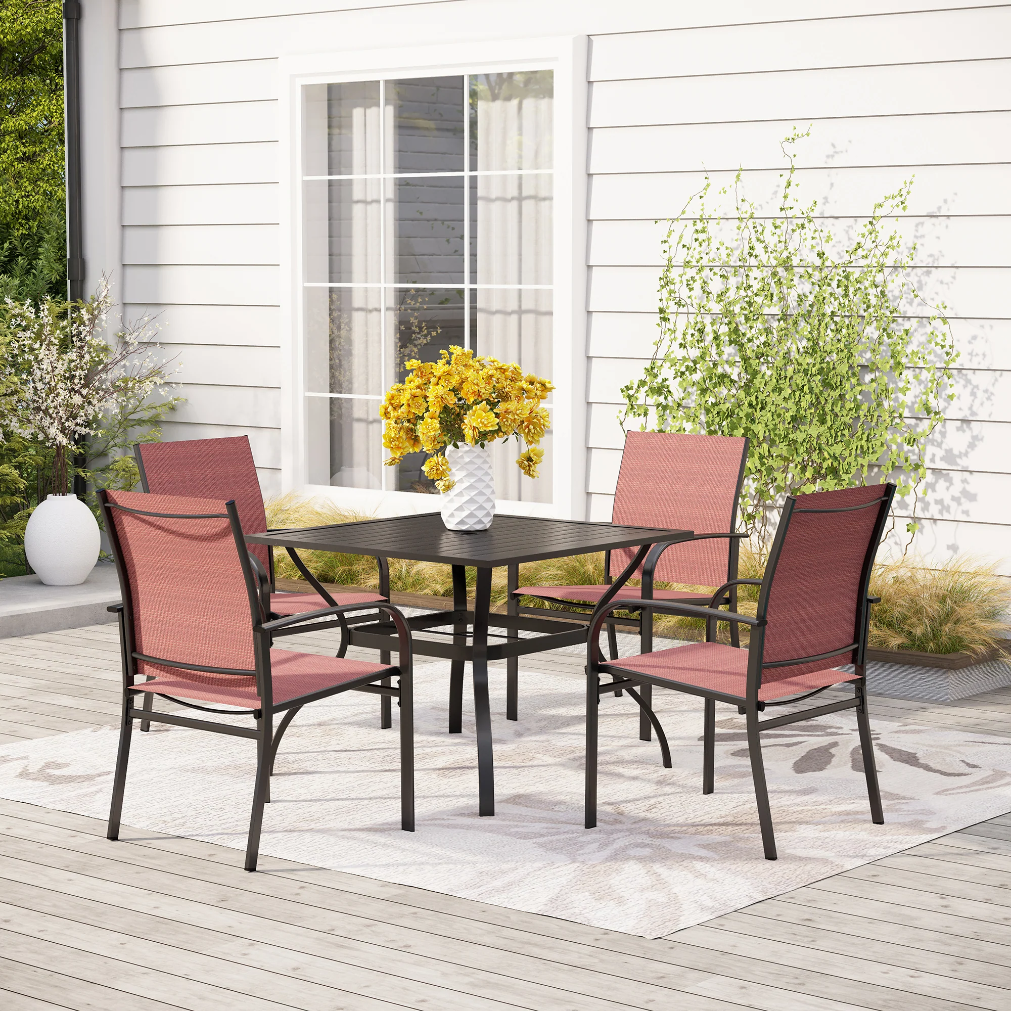 Sophia & William 5-Piece Patio Dining Sets Square Table & Light-weight Textilene Fixed Chairs