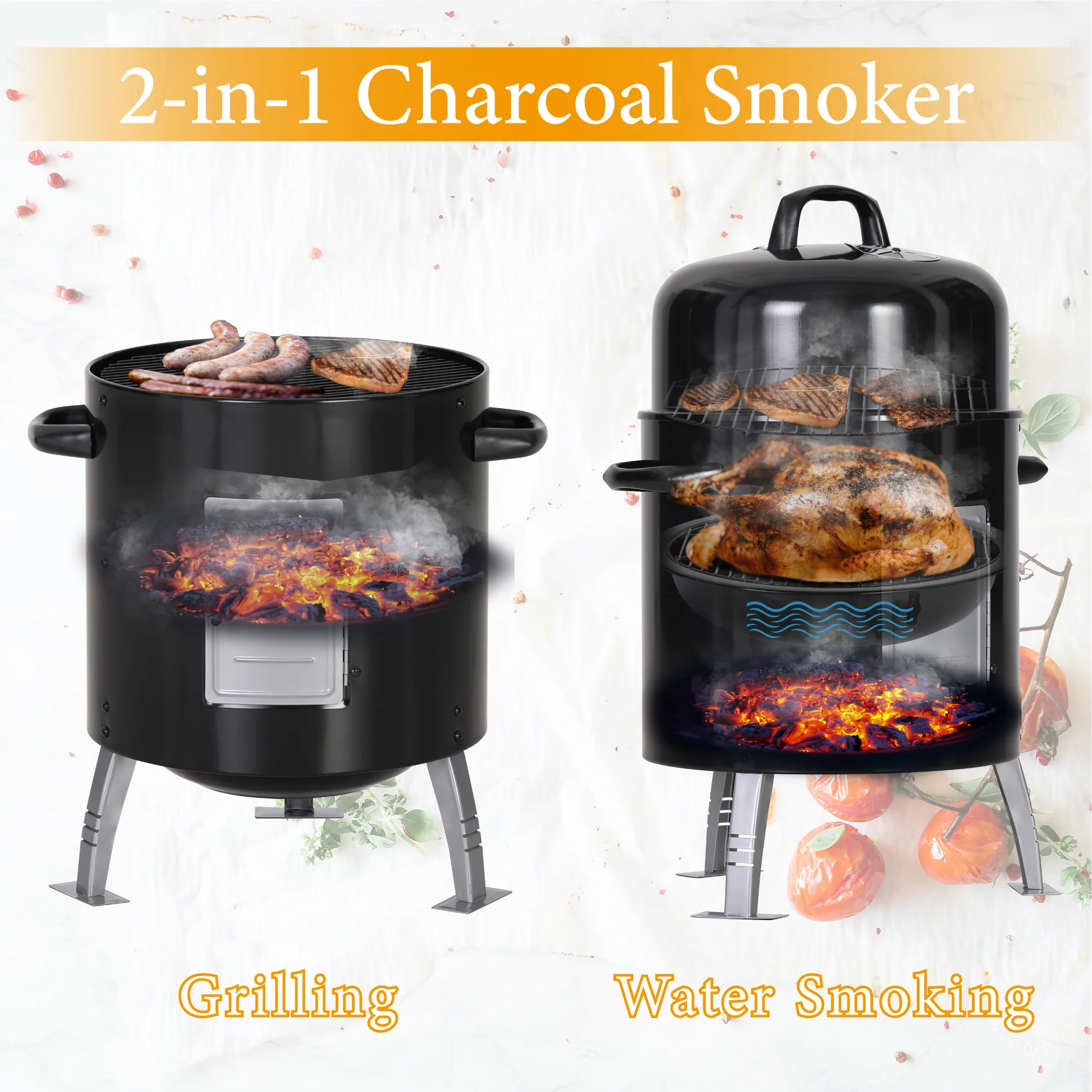 Captiva Designs 2-In-1 Vertical Charcoal Smoker & Grill with Built-in Thermometer