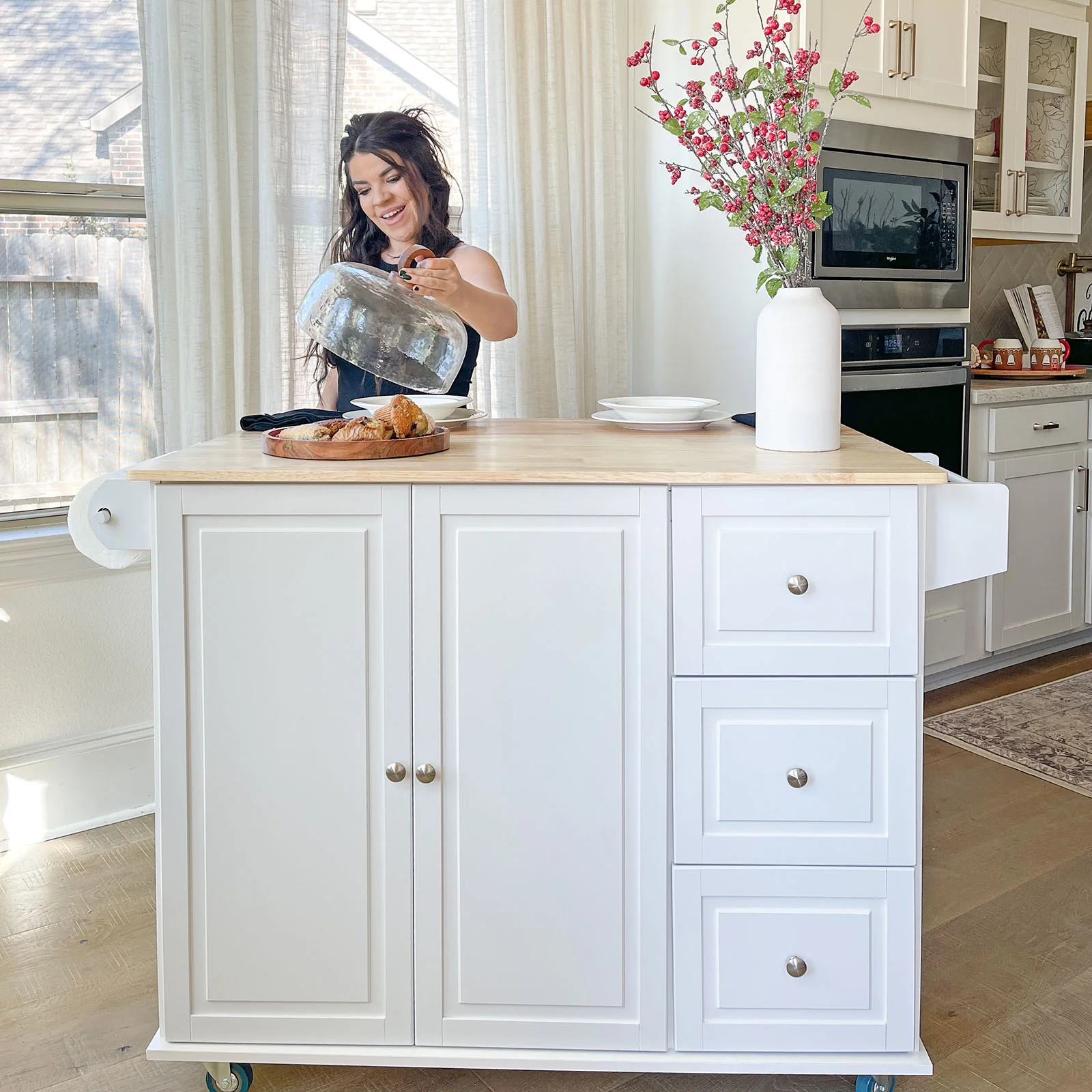 PHI VILLA Rolling Kitchen Island Cart with Drop-Leaf and Storage Features