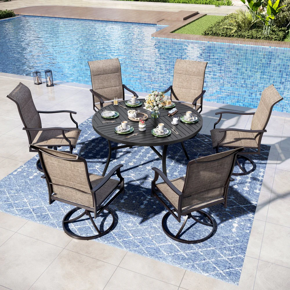 PHI VILLA 5/7-Piece Outdoor Patio Dining Set with Round Table and High Back Textilene Swivel Chair