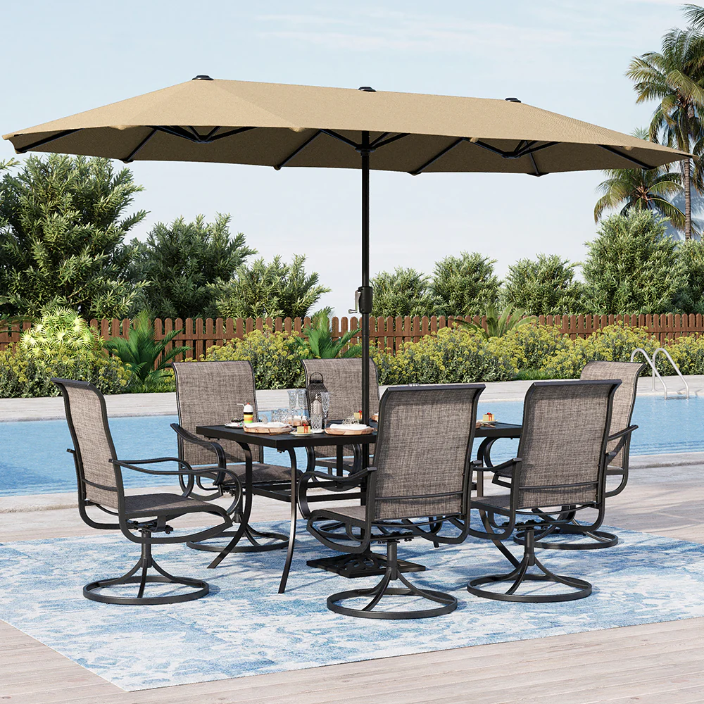 PHI VILLA 8-Piece 13ft Umbrella Patio Dining Set Textilene Swivel Chairs & Steel Table