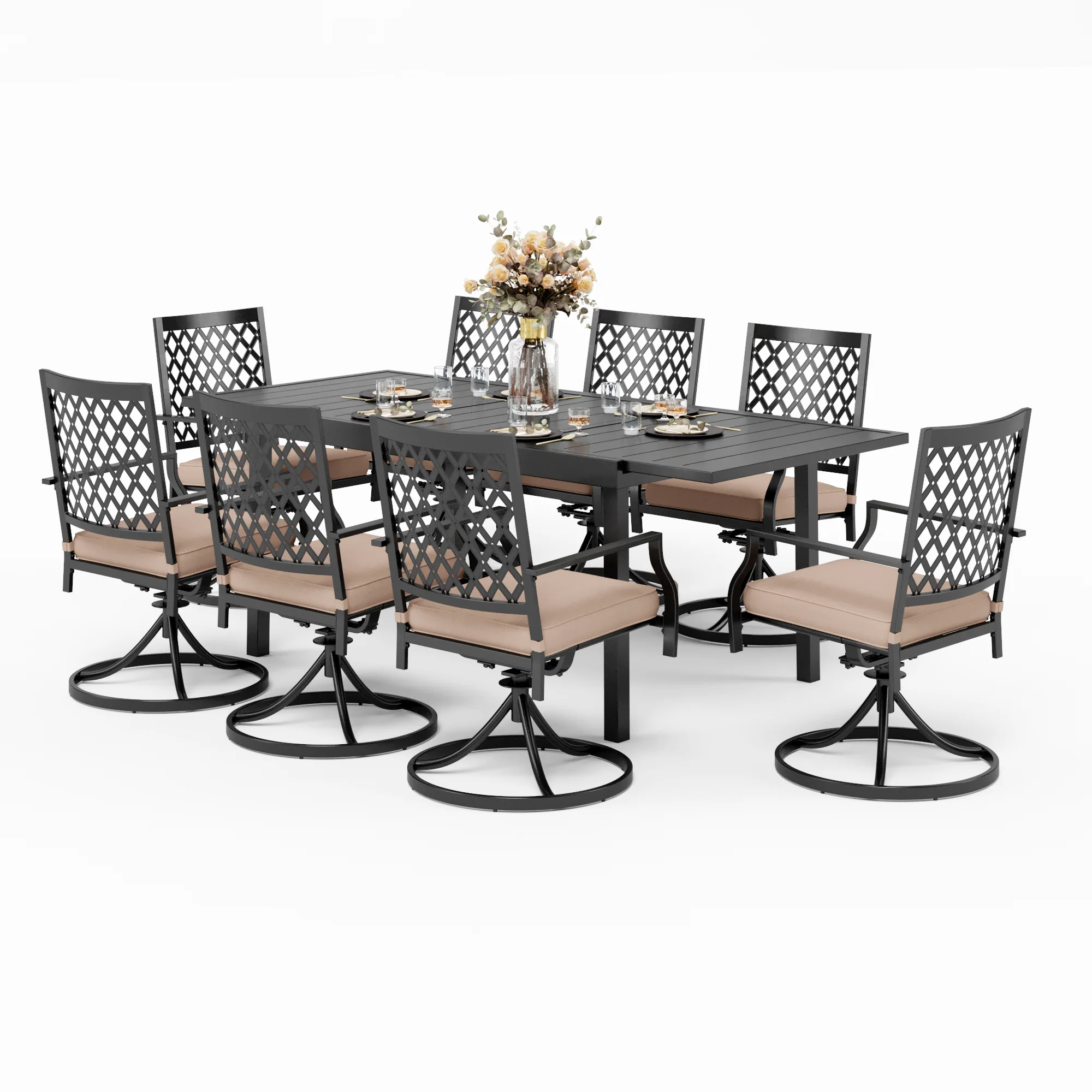 PHI VILLA Adjustable Patio Table and Cushioned Swivel Chairs Large Metal Outdoor Patio Dining Sets