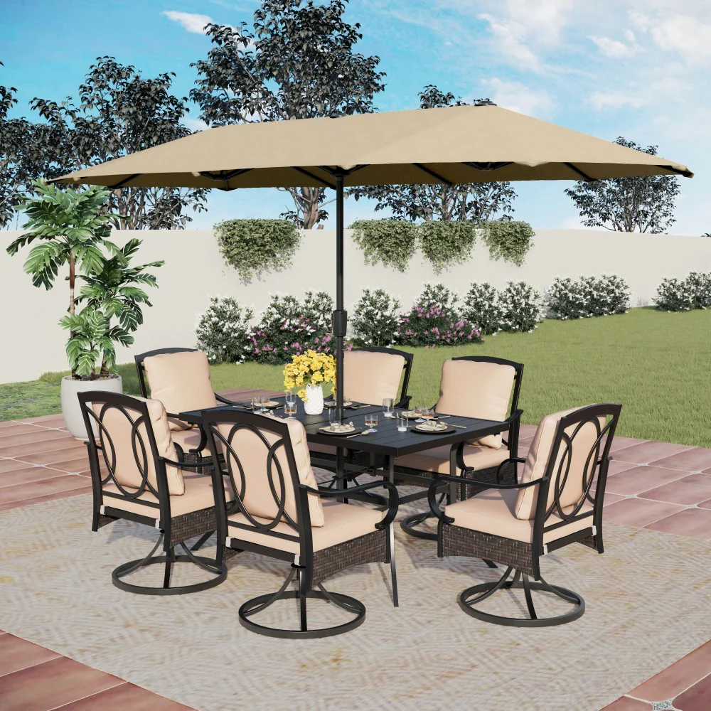 Sophia & William Luxurious Thick-Cushion Rattan-steel Swivel Chairs 7-Piece Patio Dining Set