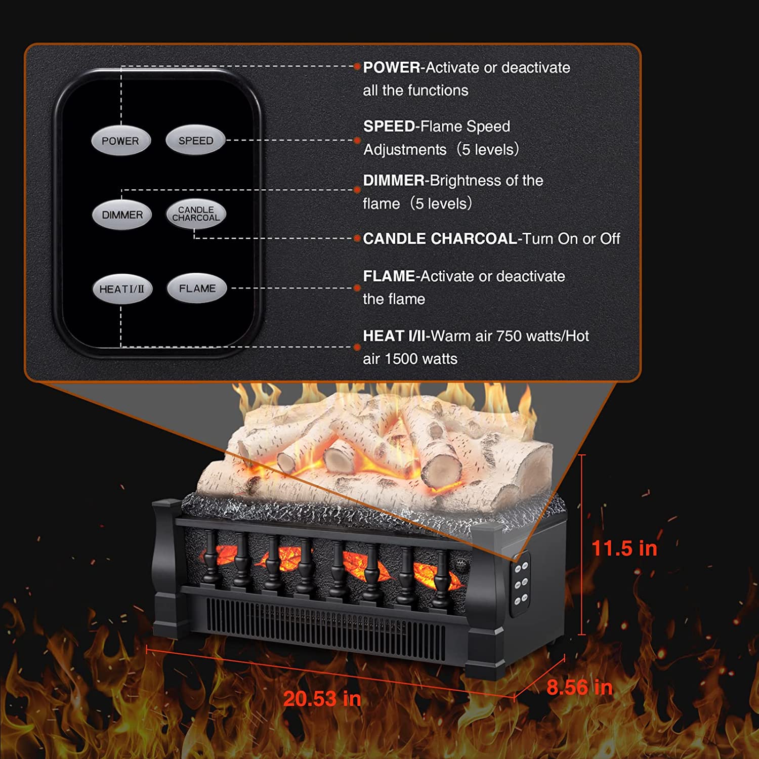 R.W.FLAME 23'' Electric Fireplace Log Set Heater with Infrared Quartz Remote Control, 750W/1500W