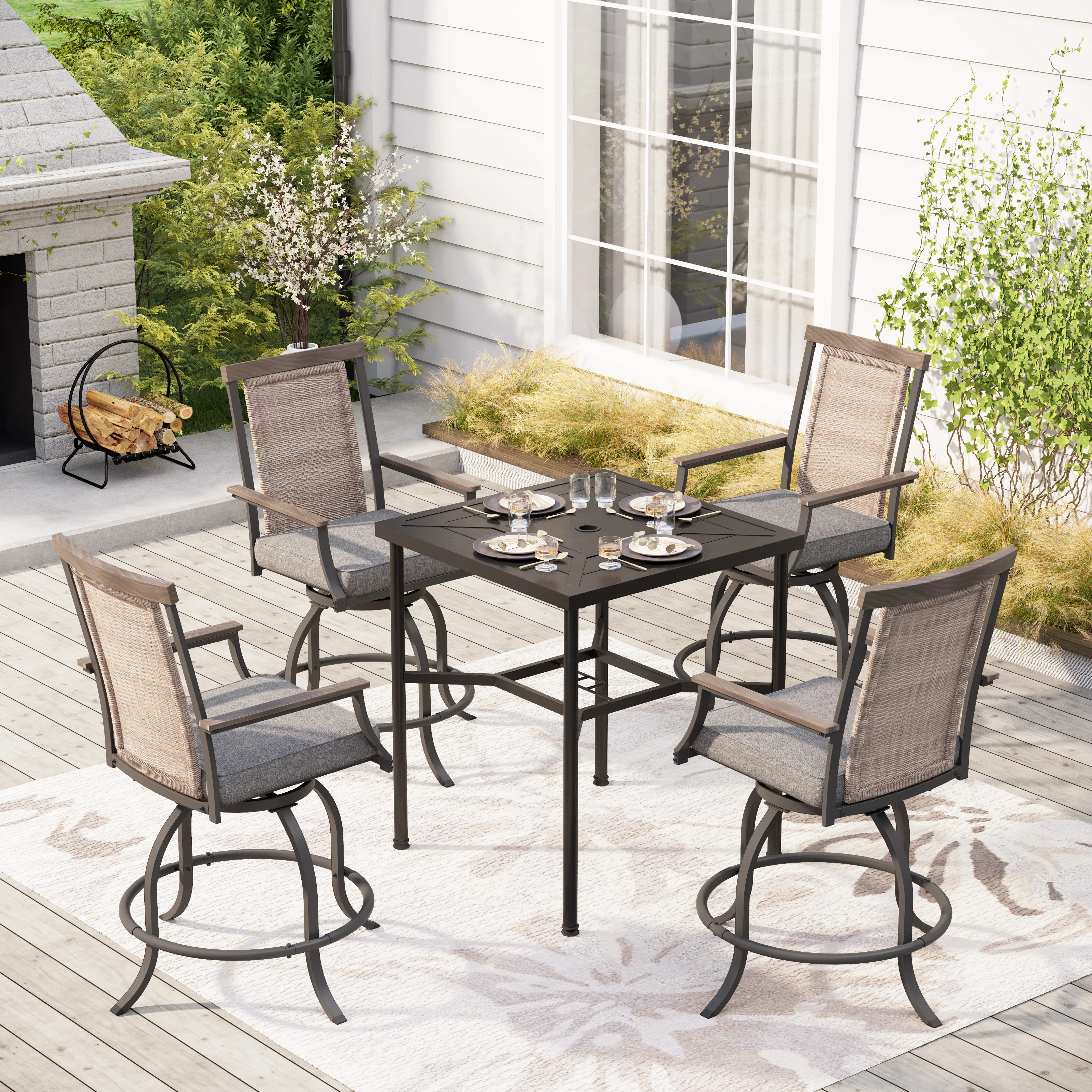 PHI VILLA Swivel Bar Stool Set Rattan Backrest & Padded Grey Cushion Stools and Geometrically-stamped High Table