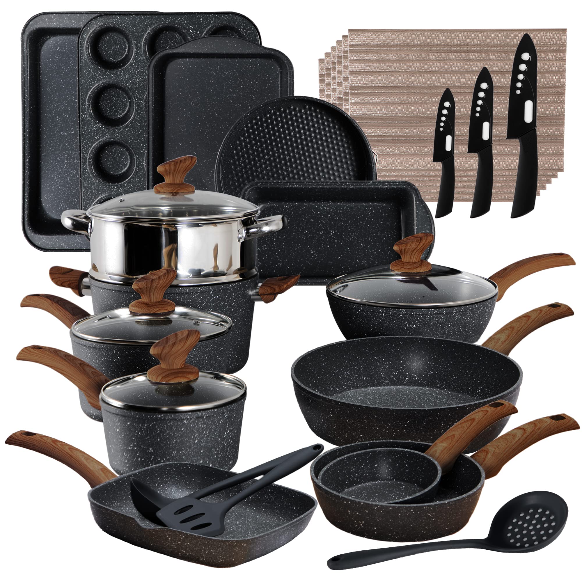 Kitchen Academy Ultimate 30 Pieces Granite-Coating Nonstick Induction Cookware Set for Easy Dinner Ideas
