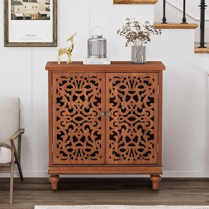Vintage & Chic Hollow-Carved Accent Cabinet-MFSTUDIO