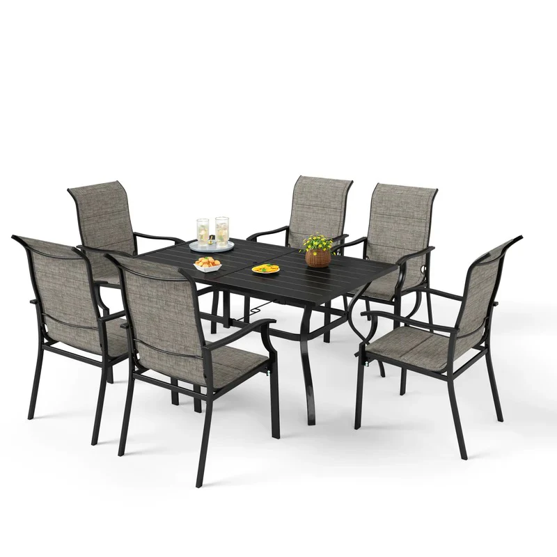 PHI VILLA 7-Piece Rectangle Steel Table & 6 Textilene Dining Chairs Outdoor Dining Set